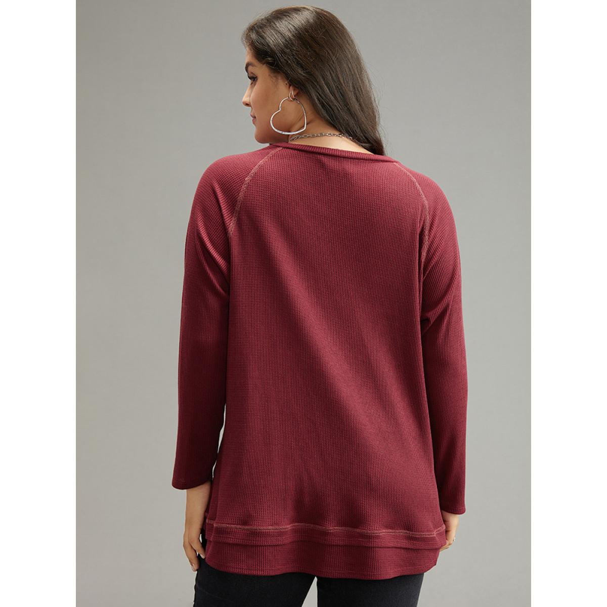 Plus Size Plain Textured Stitch Raglan Sleeve Sweatshirt Women Burgundy Casual Plain V-neck Everyday Sweatshirts BloomChic 12/L Product Image