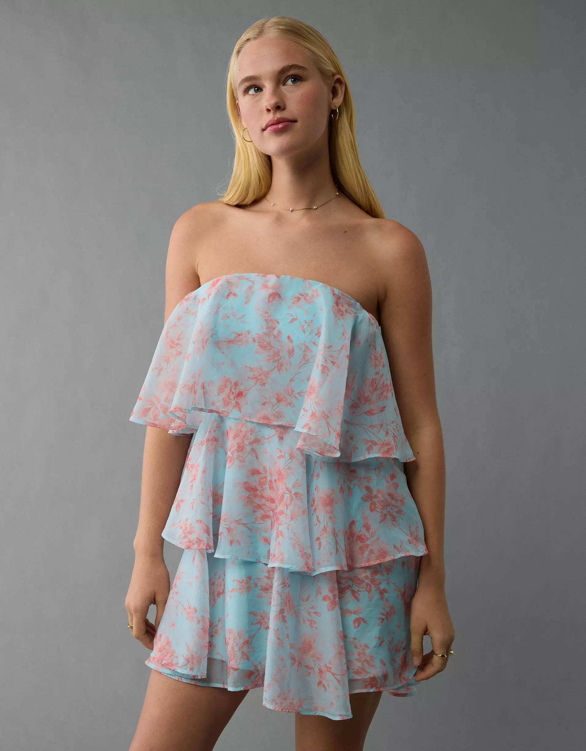 AE Strapless Ruffle Tiered Mini Dress Product Image