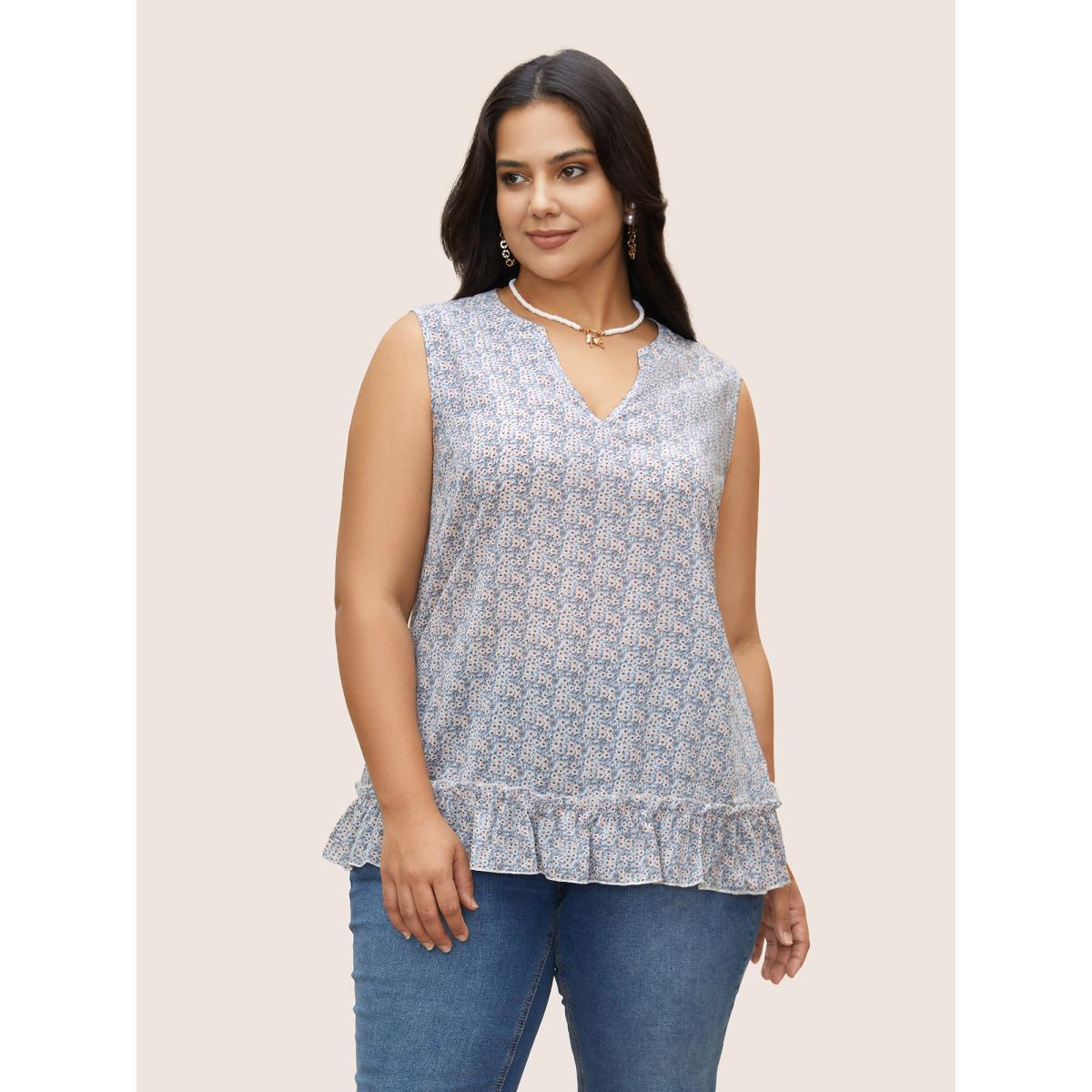 Plus Size Ditsy Floral Patchwork Ruffle Hem Tank Top Women Stone Elegant Frill Trim Notched collar Everyday Tank Tops Camis BloomChic 10/M Product Image