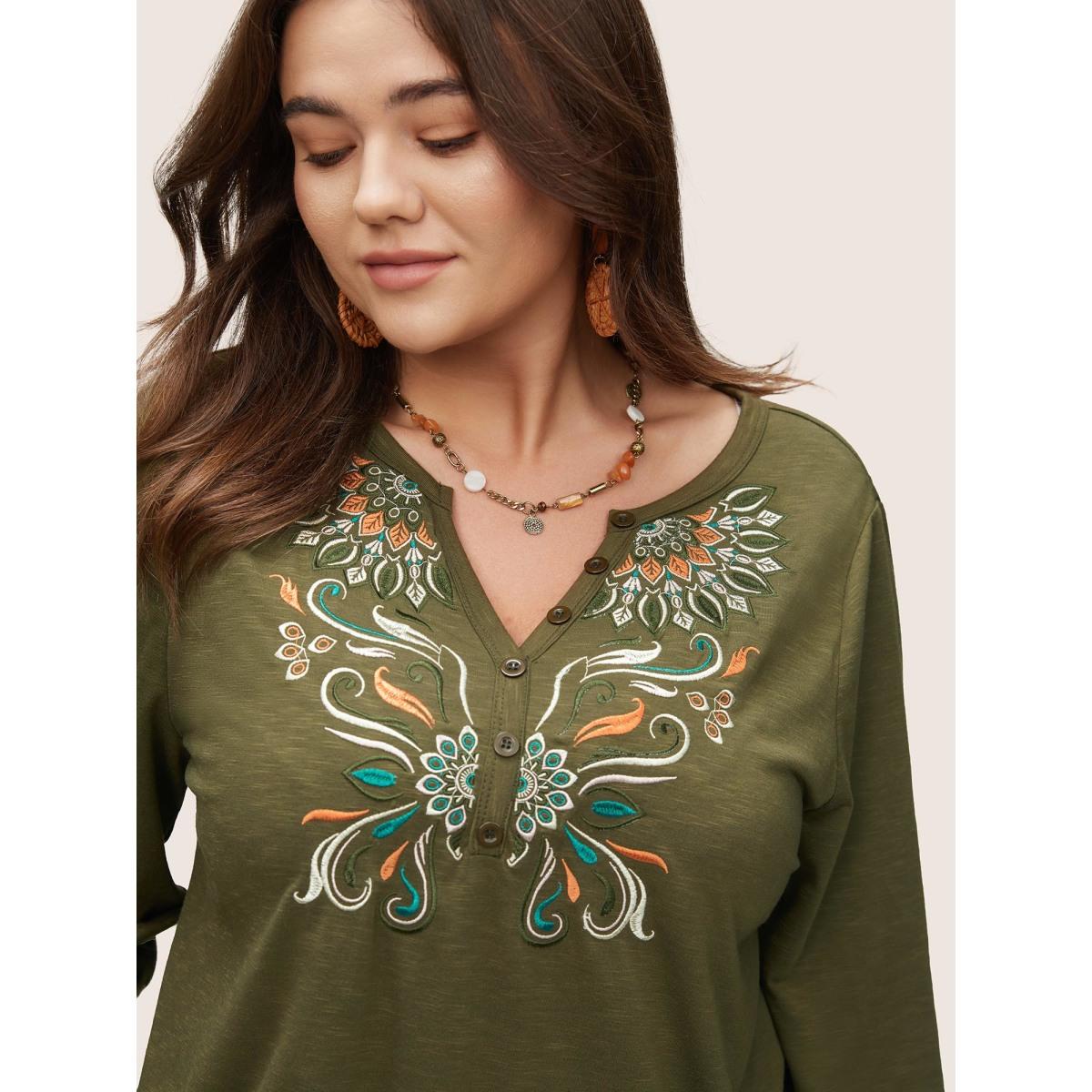 Plus Size Bandana Embroidered Notched Button Detail T-shirt ArmyGreen Women Resort Embroidered Bohemian Print Notched collar Vacation T-shirts BloomChic 26/4X Product Image