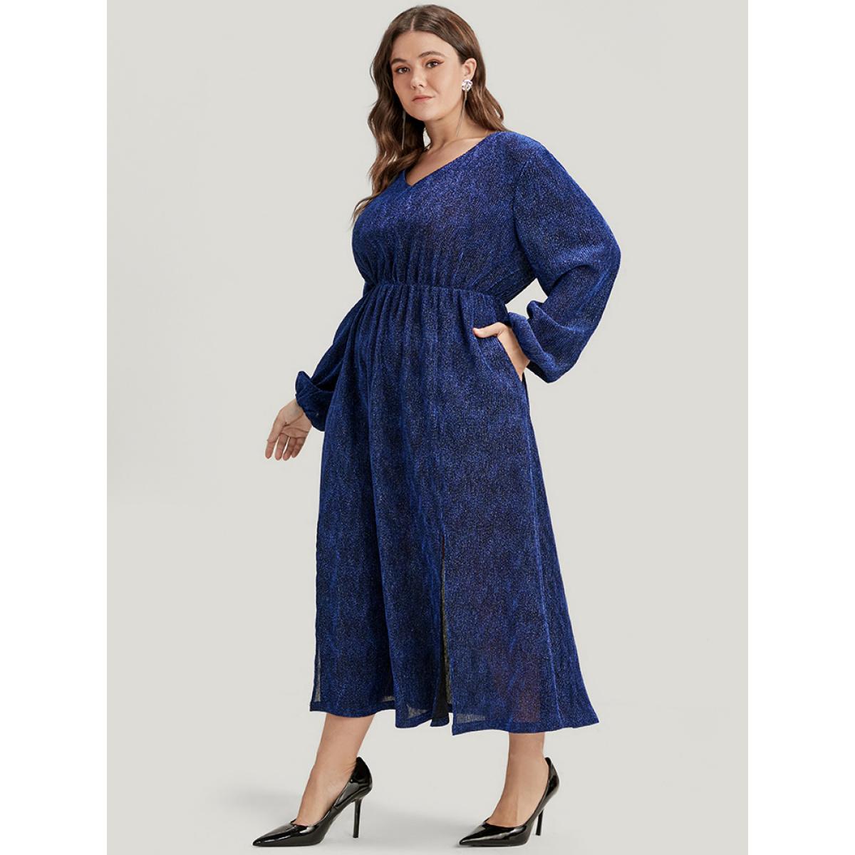 Plus Size Solid Lantern Sleeve Sequin Split Hem Dress DarkBlue Women Party Elastic Waist V-neck Long Sleeve Curvy Midi Dress BloomChic 22-24/3X Product Image