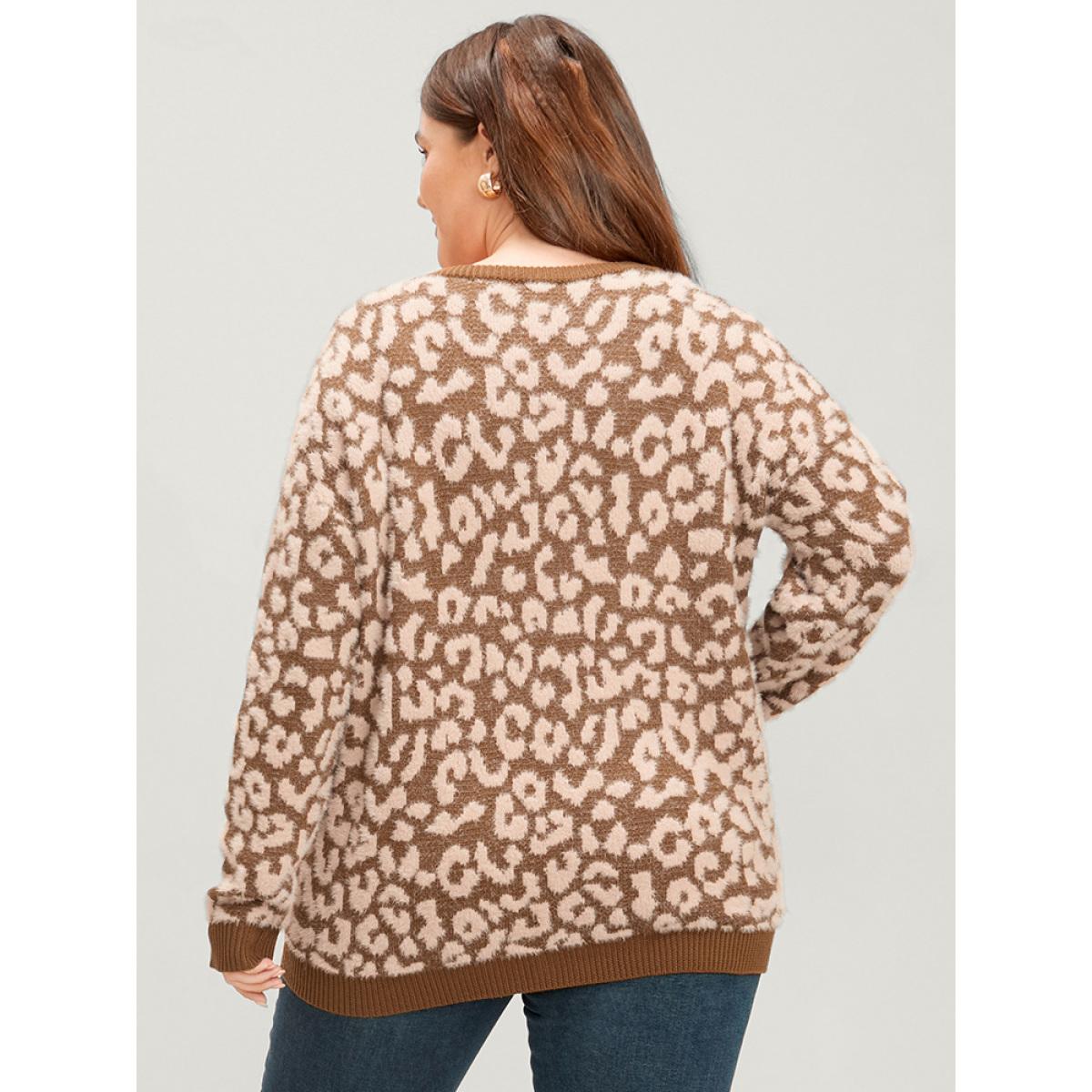 Plus Size Leopard Pointelle Knit V Neck Fluffy Knit Top Bronze Women Casual Loose Long Sleeve V-neck Dailywear Pullovers BloomChic 28/5X Product Image