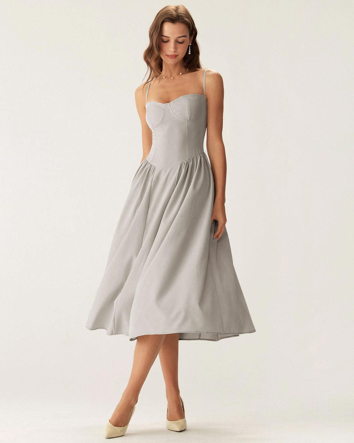 Grey Square Neck Pocket Slip Midi Dress Product Image