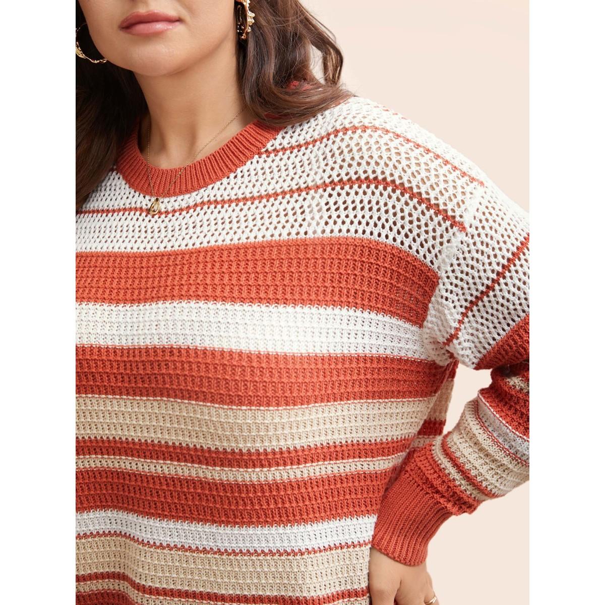 Plus Size Striped Contrast Cut Out Drop Shoulder Pullover Rust Women Playful Long Sleeve Round Neck Casual Pullovers BloomChic 14-16/1X Product Image