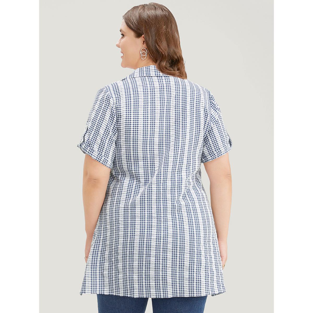 Plus Size Stone Plaid Shirt Collar Button Up Cuffed Sleeve Split Blouse Women Office Short sleeve Shirt collar Work Blouses BloomChic 22-24/3X Product Image