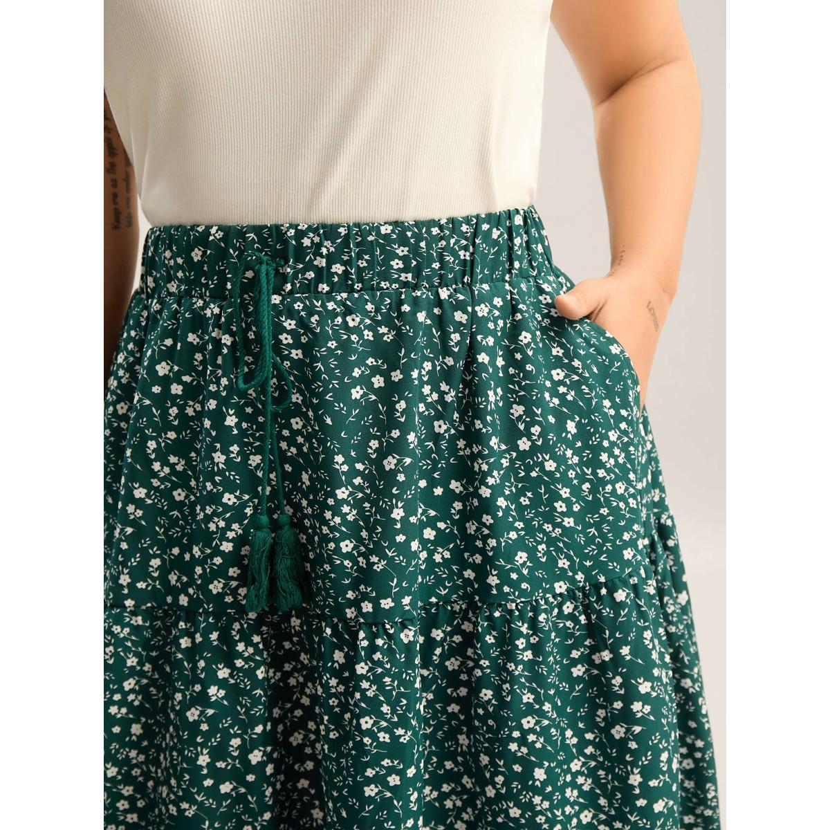 Plus Size Ditsy Floral Print Tiered Tied Maxi Skirt Women Emerald Timeless Loose No stretch Side seam pocket Vacation Skirts BloomChic 14-16/1X Product Image
