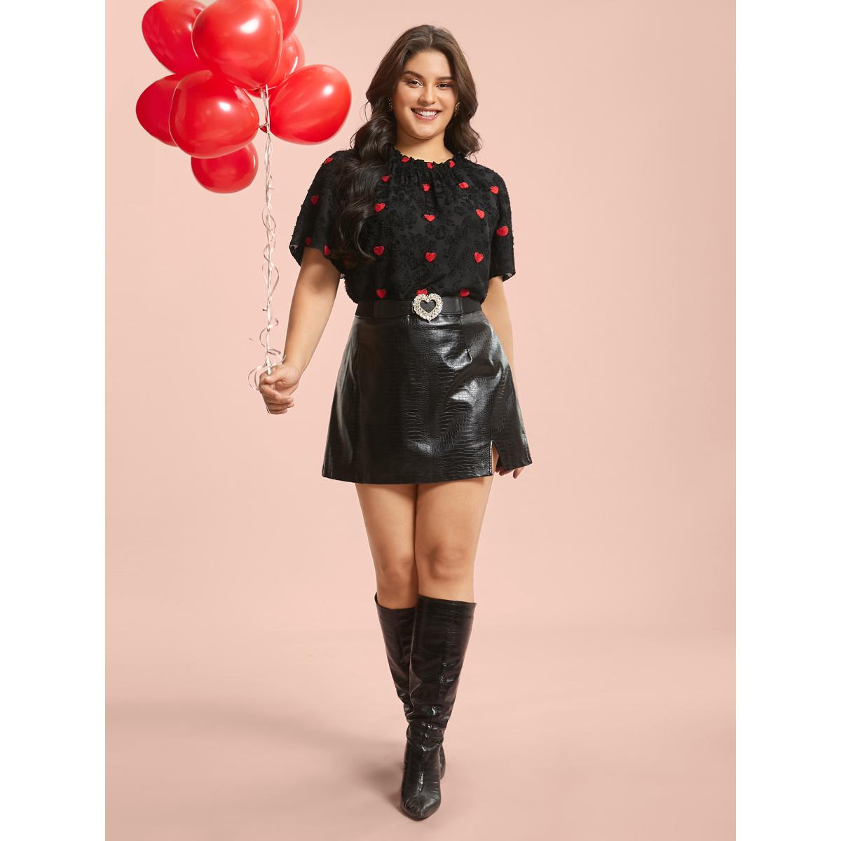 Plus Size Black Heart Jacquard Frill Trim Textured Blouse Women Elegant Short sleeve Mock Neck Everyday Blouses BloomChic 30/6X Product Image