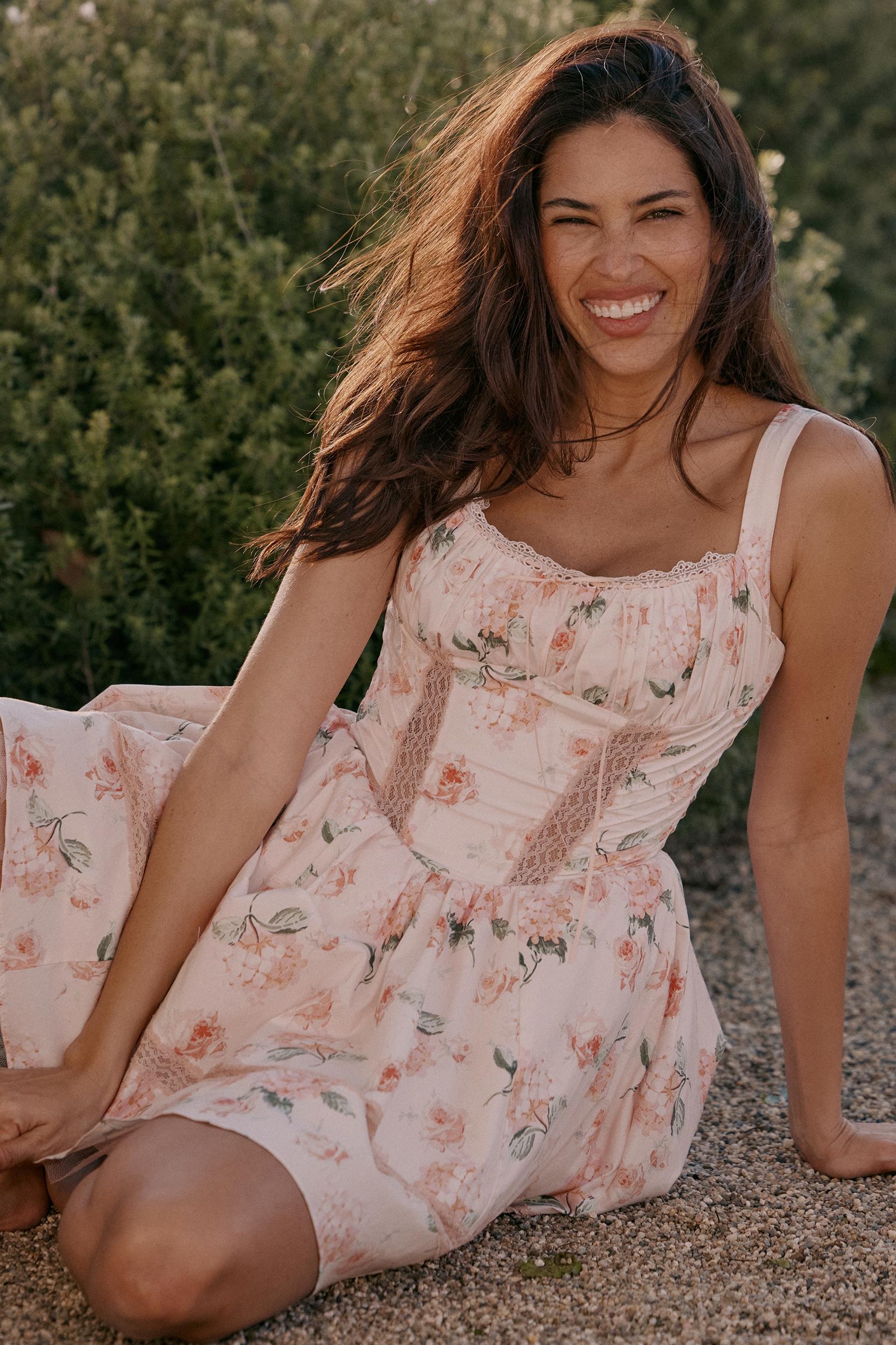 Kimmie  peach floral rose print cotton mini dress Product Image