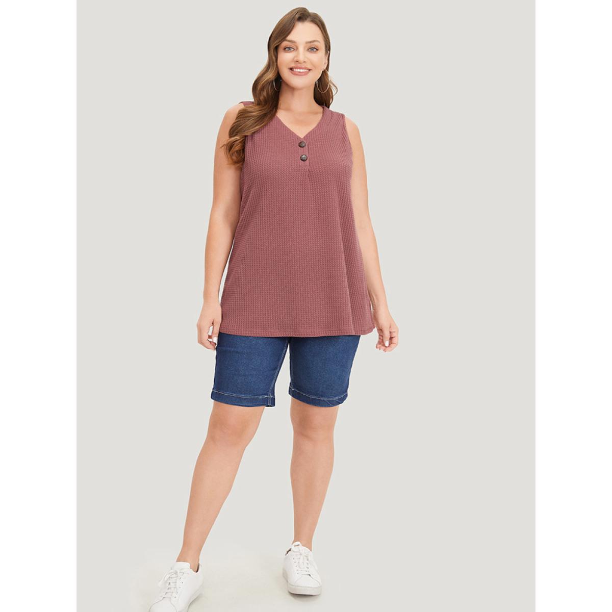 Plus Size Waffle Knit Button Detail Plicated Detail Tank Top Women DustyPink Casual V-neck Dailywear Tank Tops Camis BloomChic 30/6X Product Image