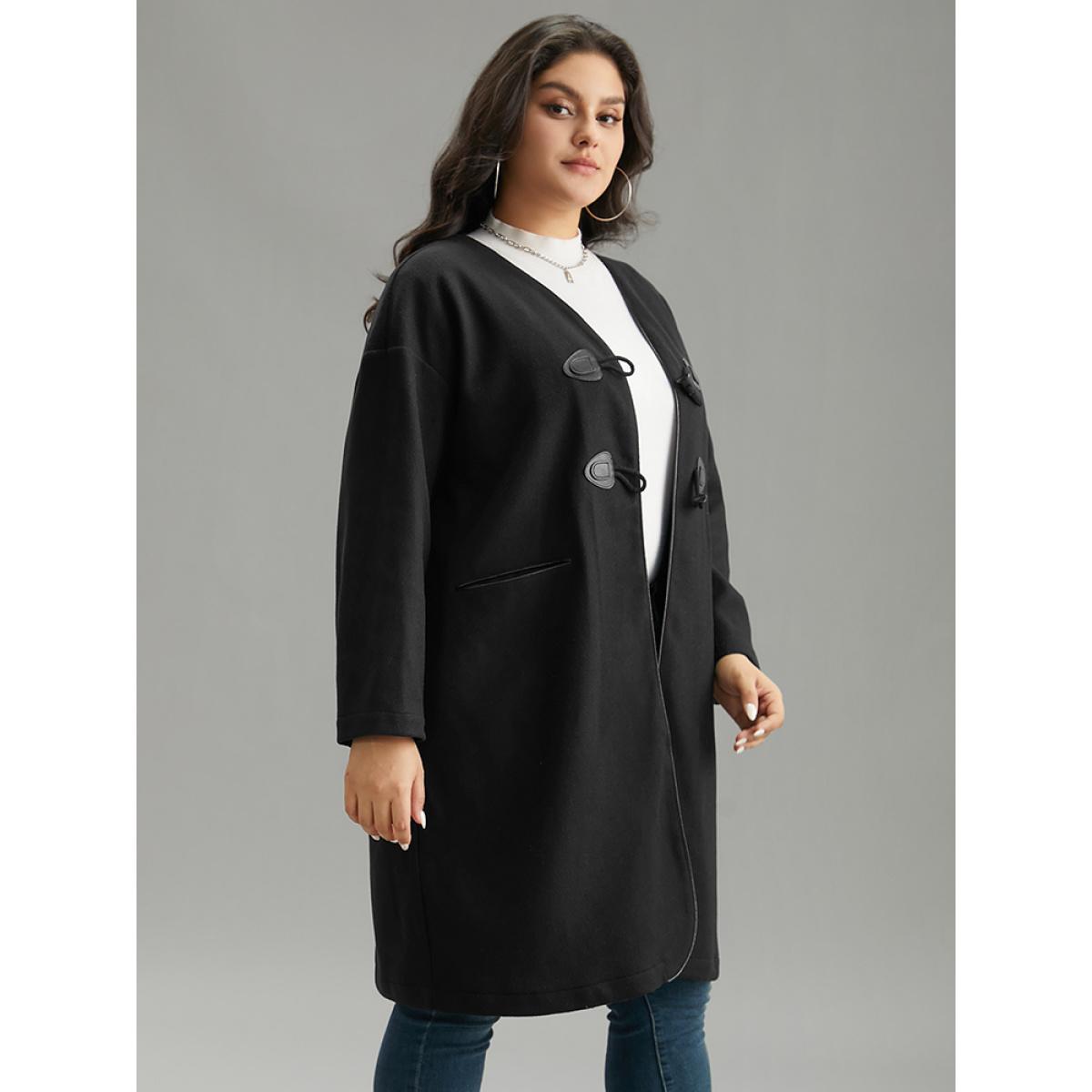 Plus Size Plain Duffle Button Pocket Coat Women Black Casual Plain Ladies Dailywear Winter Coats BloomChic 12/L Product Image