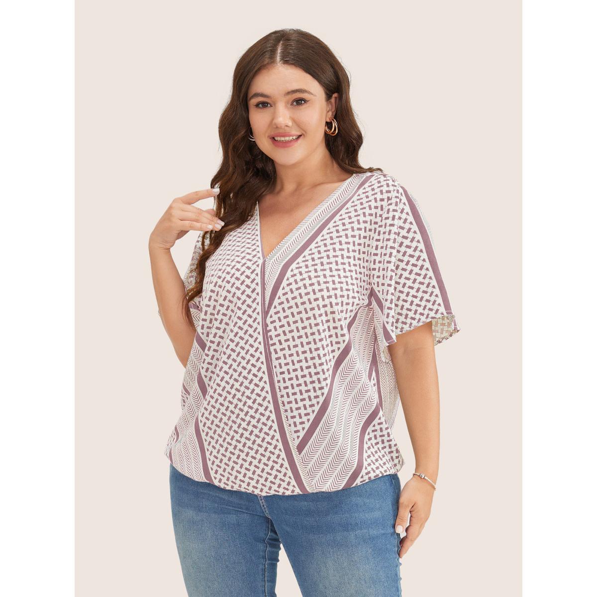 Plus Size DustyPink Geometric Contrast Ruffle Sleeve Wrap Blouse Women Resort Short sleeve Overlap Collar Vacation Blouses BloomChic 18-20/2X Product Image