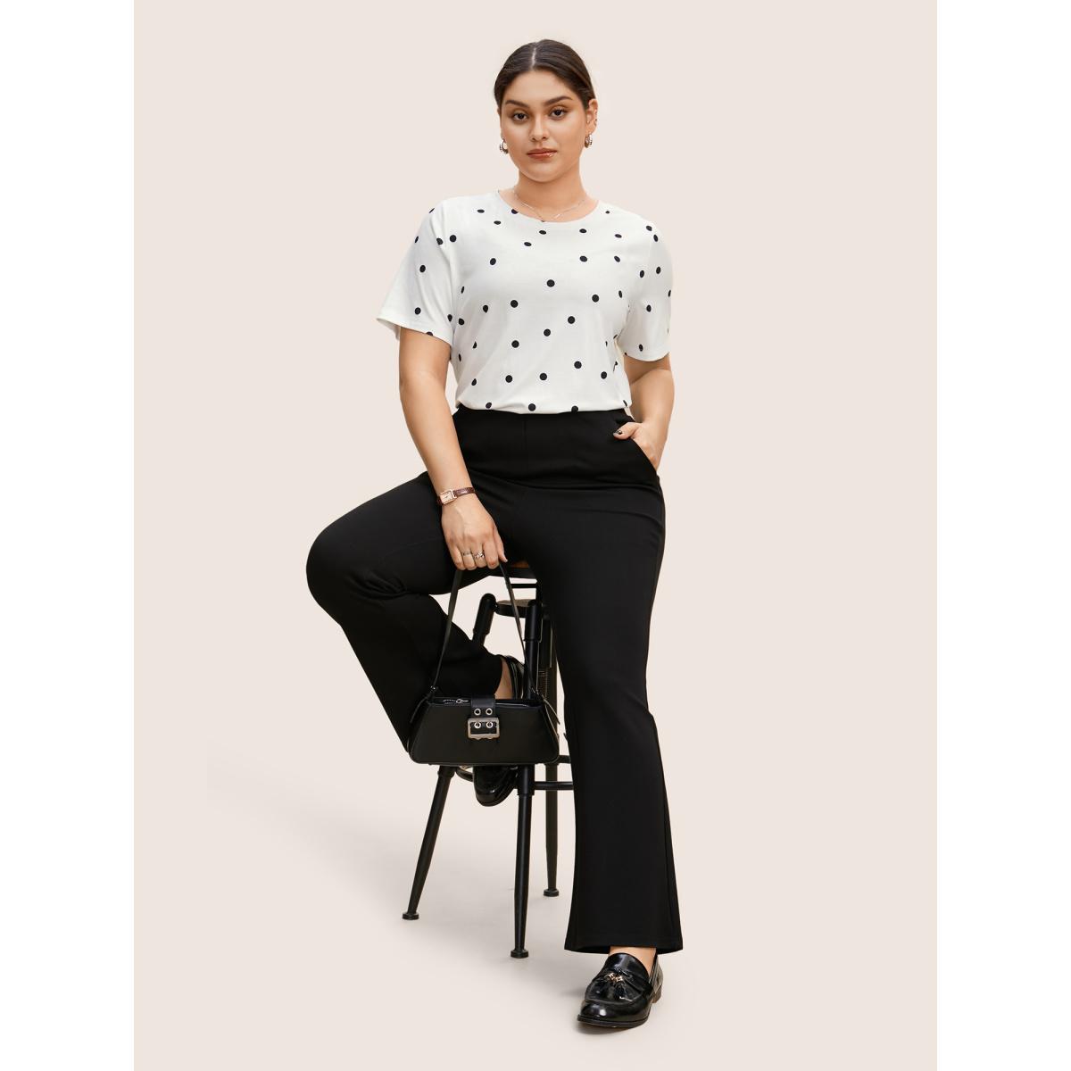 Plus Size Round Neck Polka Dot Contrast T-shirt Originalwhite Women At the Office Contrast Round Neck Work T-shirts BloomChic 10/M Product Image