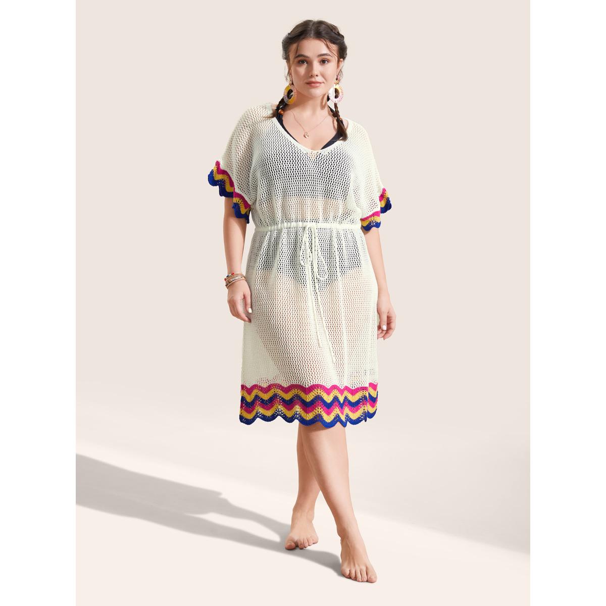 Plus Size Deep V Neck Contrast Striped Drawstring Swim Cover Up Women's Swimwear Ivory Beach Loose Texture Curve Swim Cover Ups BloomChic 22-24/3X Product Image