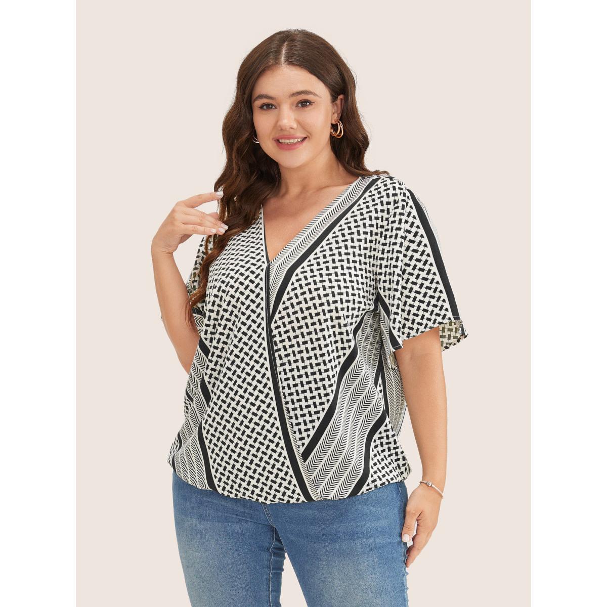 Plus Size Black Geometric Contrast Ruffle Sleeve Wrap Blouse Women Resort Short sleeve Overlap Collar Vacation Blouses BloomChic 26/4X Product Image