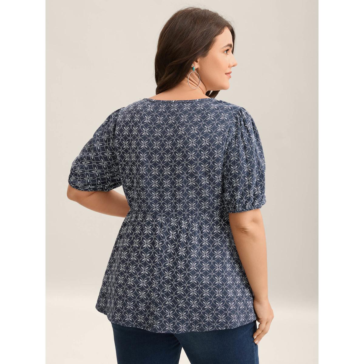 Plus Size Indigo Cotton Geometric Print Puff Sleeve Babydoll Top Women Boho Short sleeve Notched collar Vacation Blouses BloomChic 14-16/1X Product Image