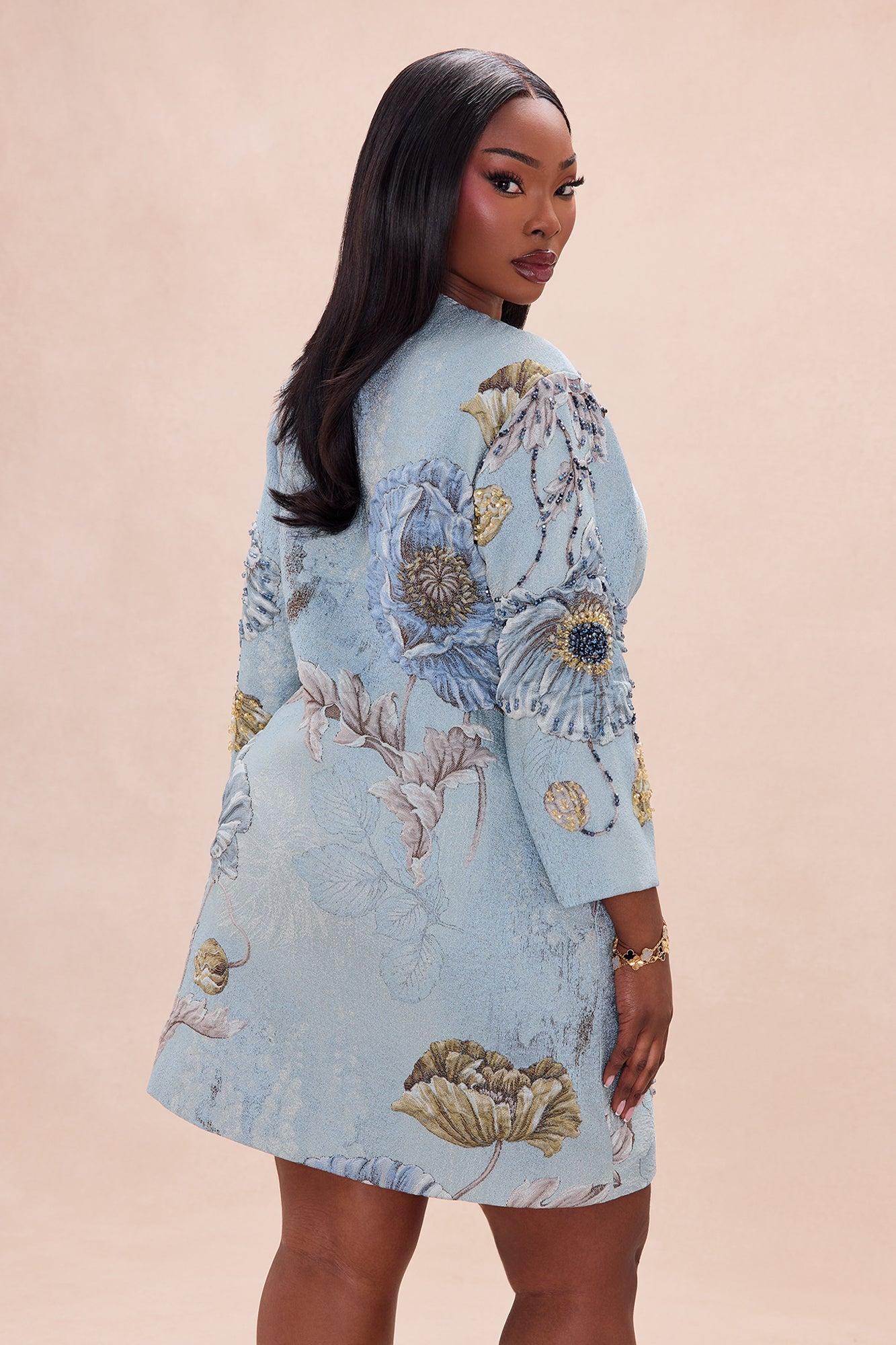 Riannon Crew Neck Embellished Jacquard Jacket - Blue Female Product Image