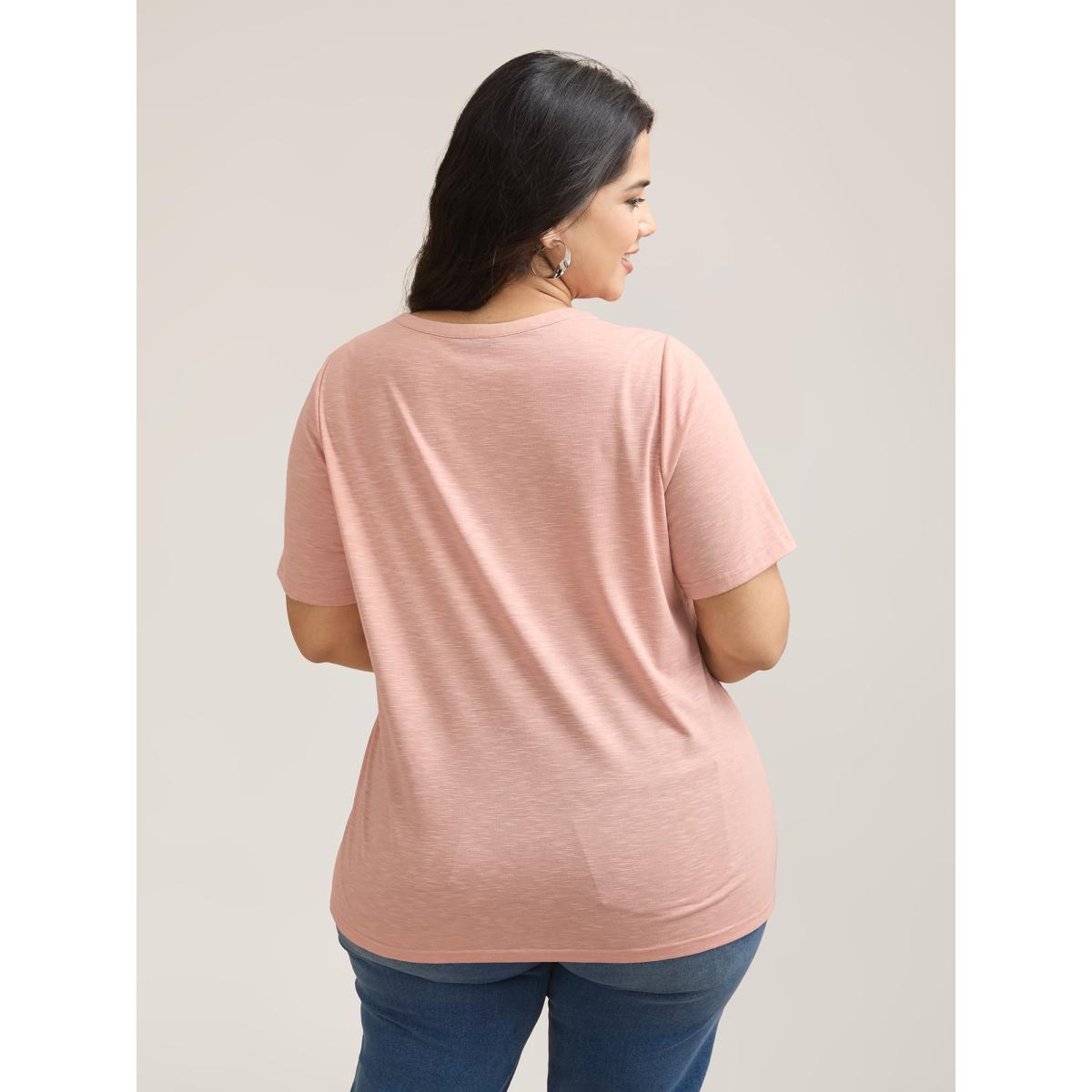 Plus Size Lace Detail Notched Collar Fitted T-Shirt Crepe Women Casual Patchwork Flat collar with V-notch Everyday T-shirts BloomChic 30/6X Product Image