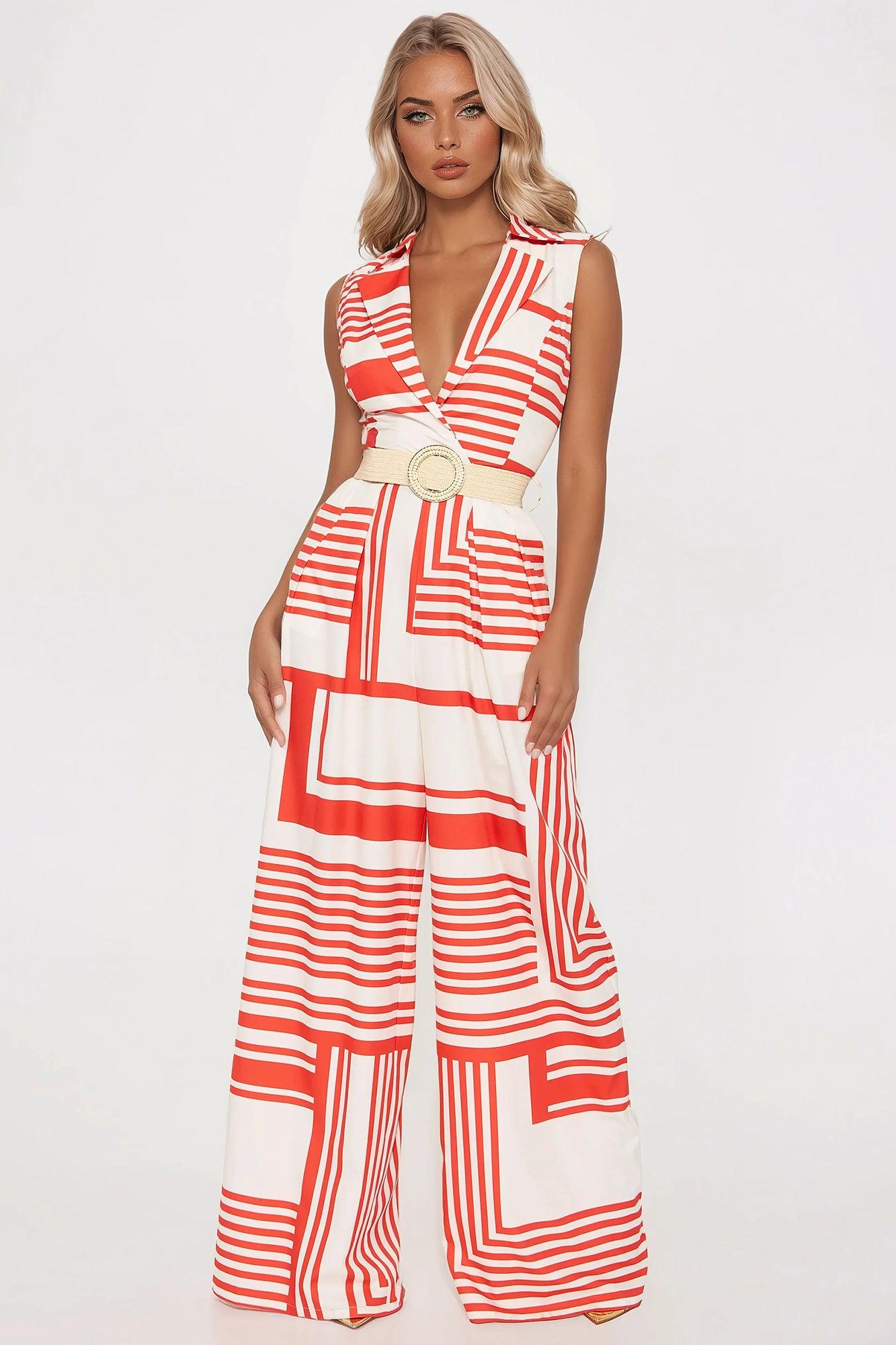 Nora Striped Jumpsuit - Red/combo Product Image