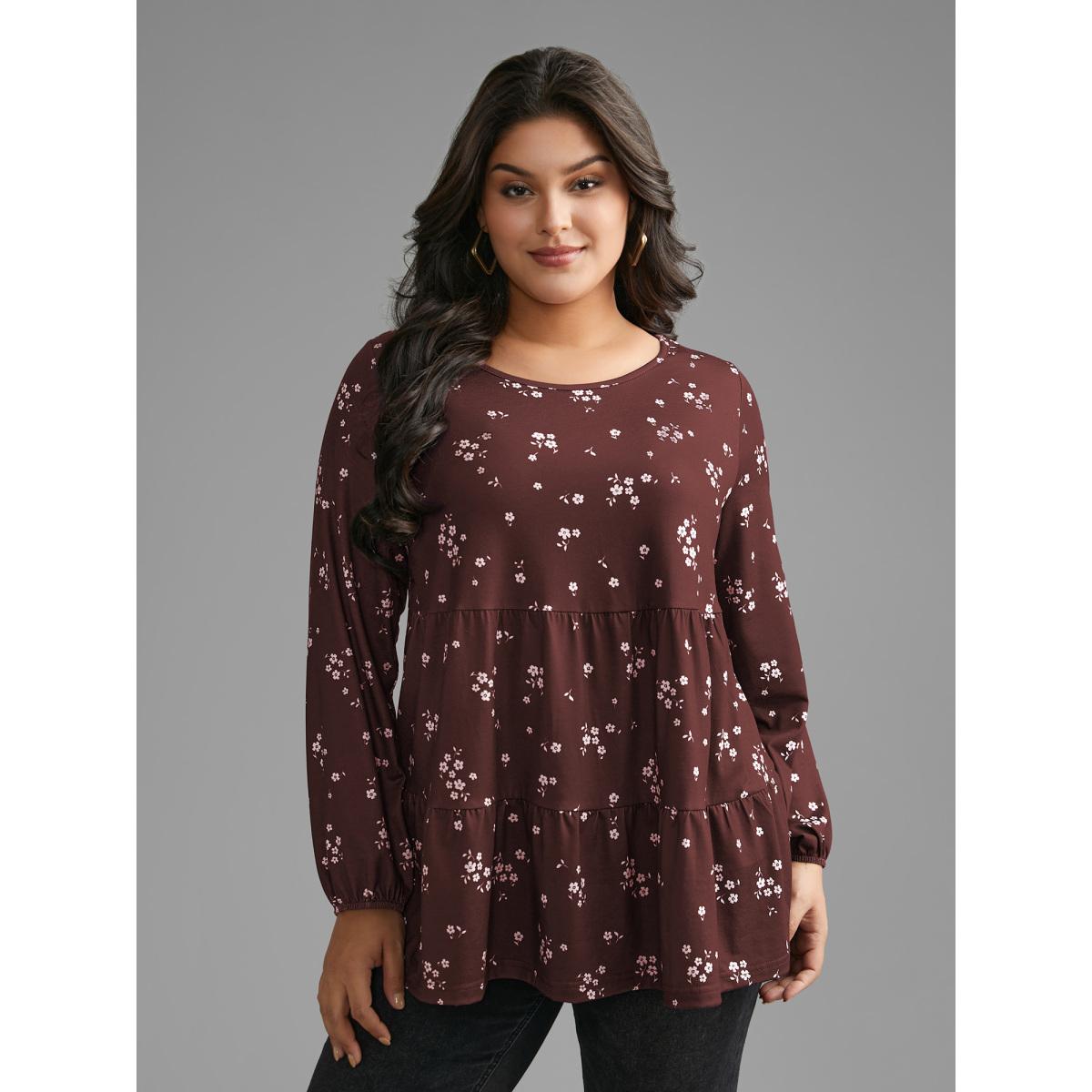 Plus Size Ditsy Floral Gathered Ruffle Hem T-shirt Burgundy Women Casual Gathered Natural Flowers Round Neck Loose Everyday T-shirts BloomChic 28/5X Product Image