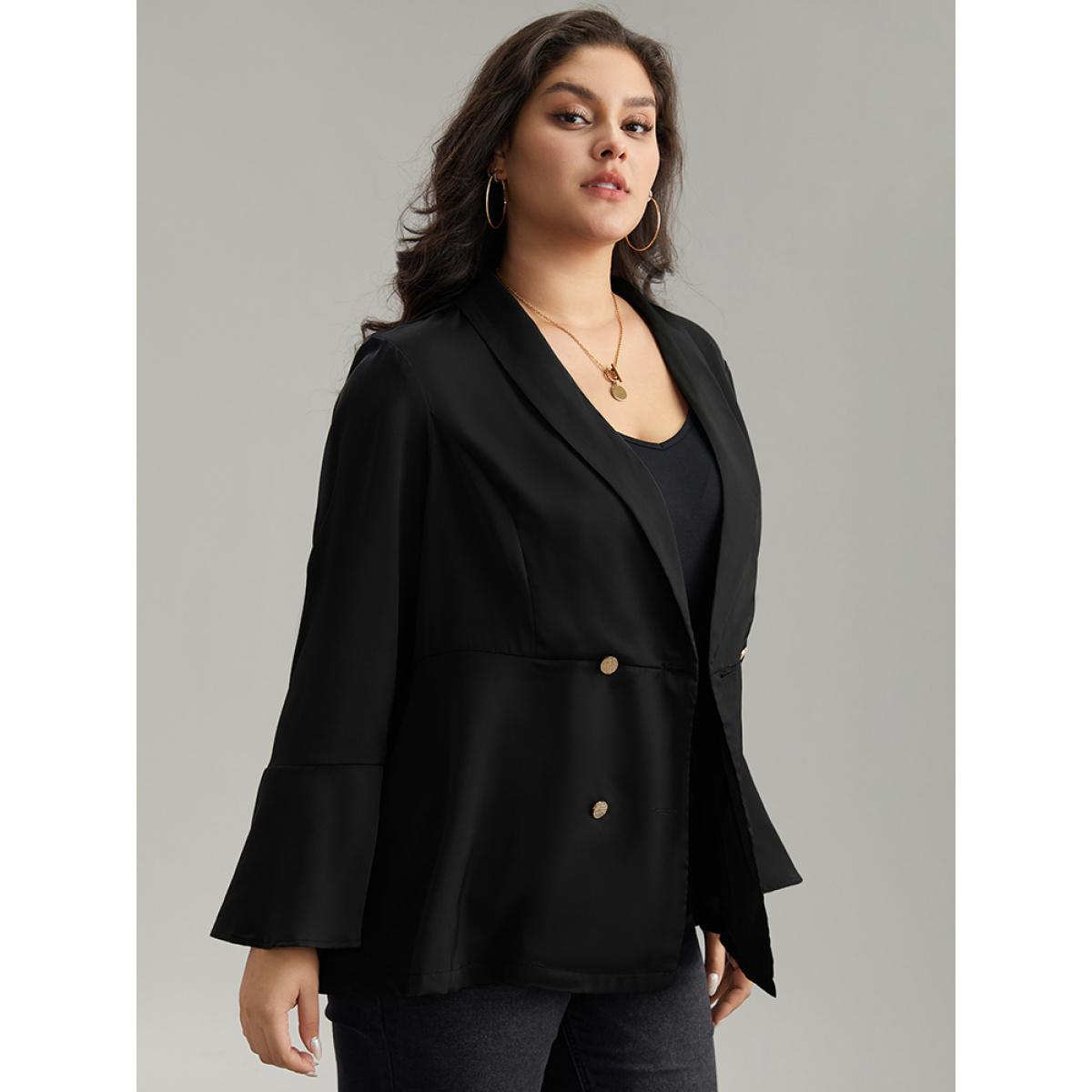 Plus Size Plain Ruffles Button Up Blazer Black Women Dailywear Plain Plain Ruffle Sleeve Long Sleeve Lapel Collar 18-20/2X Casual Blazers BloomChic Product Image
