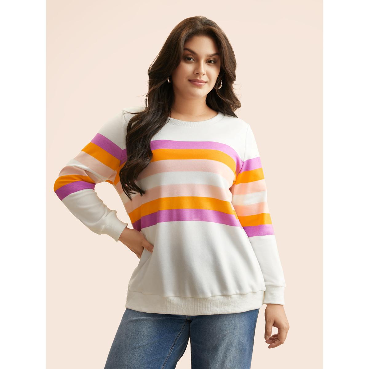 Plus Size Contrast Striped Crew Neck Sweatshirt Women Originalwhite Casual Contrast Round Neck Everyday Sweatshirts BloomChic 28/5X Product Image