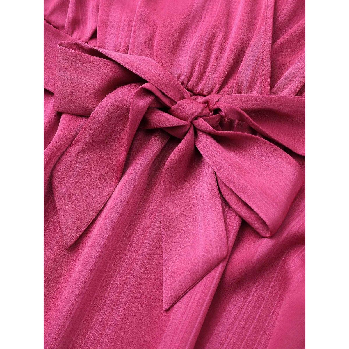 Plus Size Striped Elastic Waist Wrap Belted Gathered Dress RedViolet Women Elegant Non Overlap Collar Long Sleeve Curvy Midi Dress BloomChic 12/L Product Image