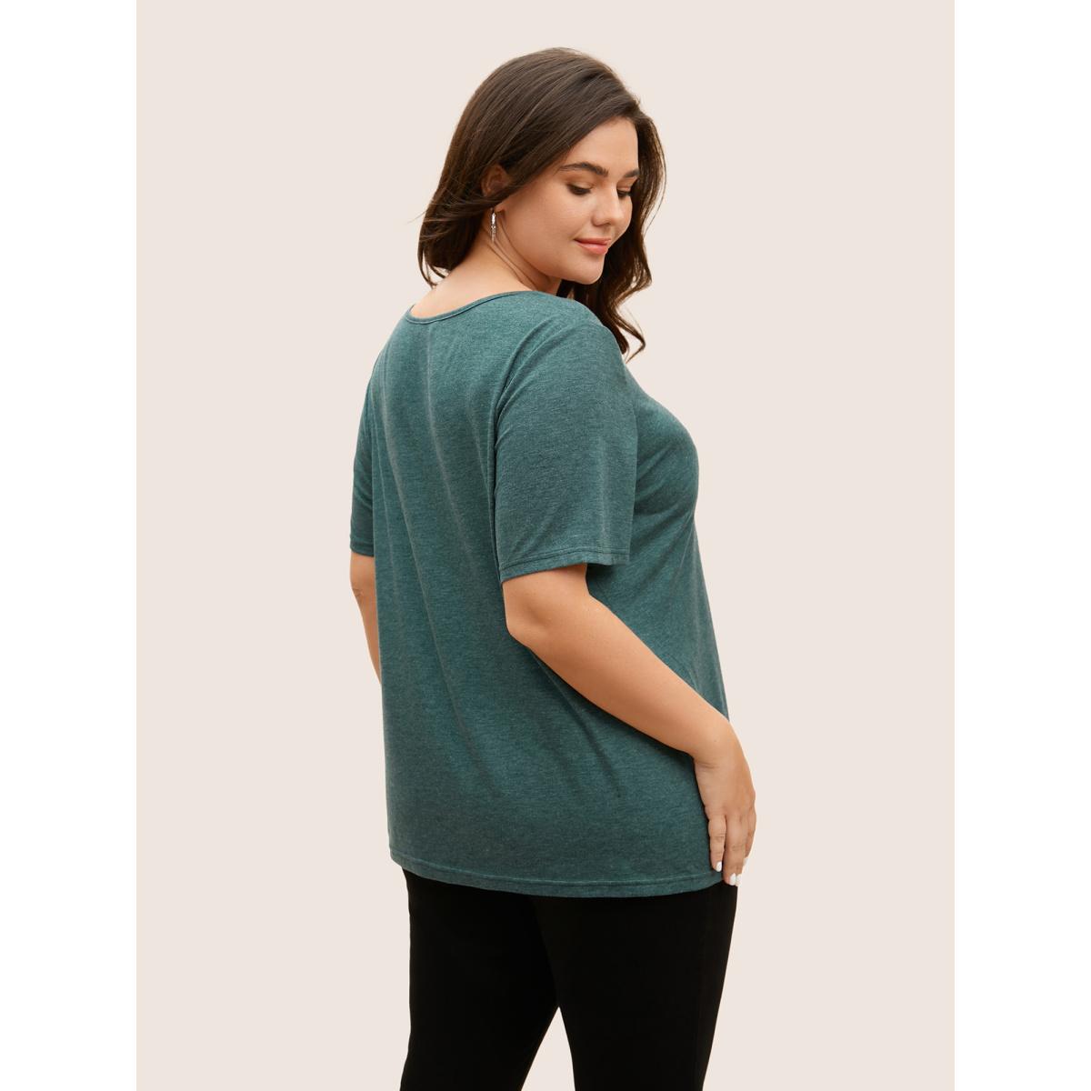 Plus Size Solid Heather Crisscross Medium Stretch T-shirt DarkGreen Women Casual Cut-Out V-neck Everyday T-shirts BloomChic 18-20/2X Product Image