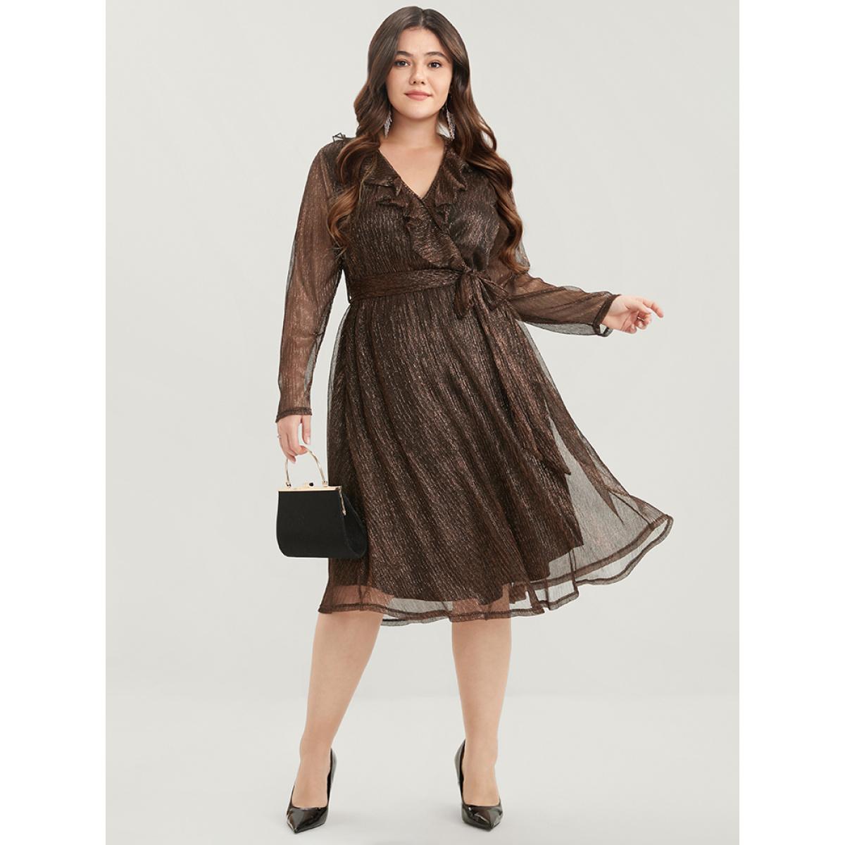 Plus Size Glitter Mesh Surplice Neck Belted Ruffle Trim Dress Multicolor Women Glamour Plain V-neck Long Sleeve Curvy Midi Dress BloomChic 22-24/3X Product Image