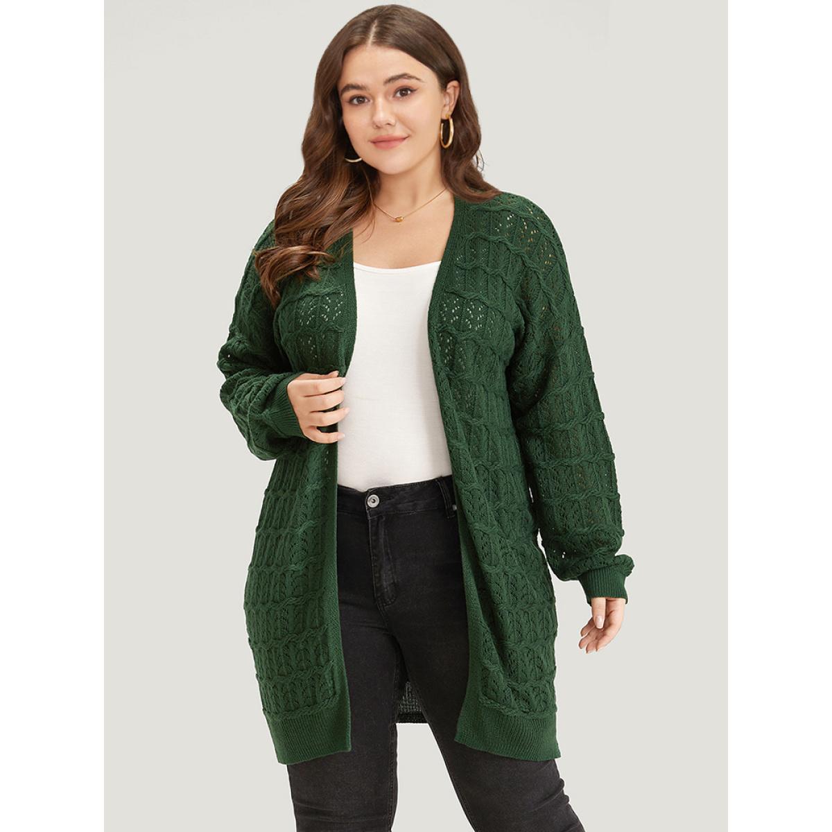 Plus Size Plain Geometric Eyelet Cable Knit Tunic Cardigan DarkGreen Women Casual Loose Long Sleeve Everyday Cardigans BloomChic 12/L Product Image