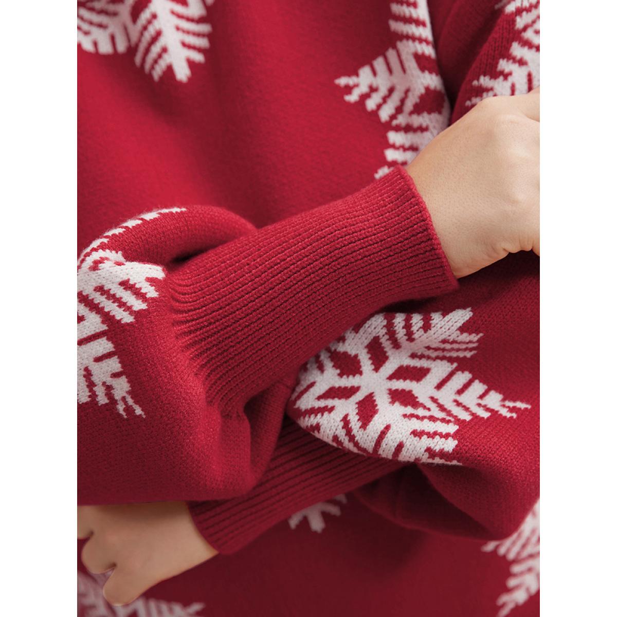 Plus Size Snowflake Super Soft Plush Knit Lantern Sleeve Jacquard Knit Top Red Women Casual Loose Long Sleeve Dailywear Pullovers BloomChic 28/5X Product Image