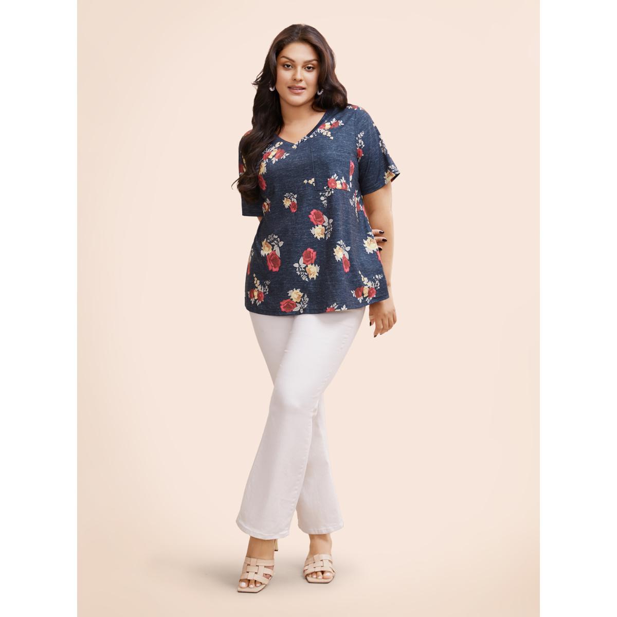 Plus Size Floral Print Heather Patched Pocket T-shirt Multicolor Women Elegant Printed Floral V-neck Dailywear T-shirts BloomChic 18-20/2X Product Image