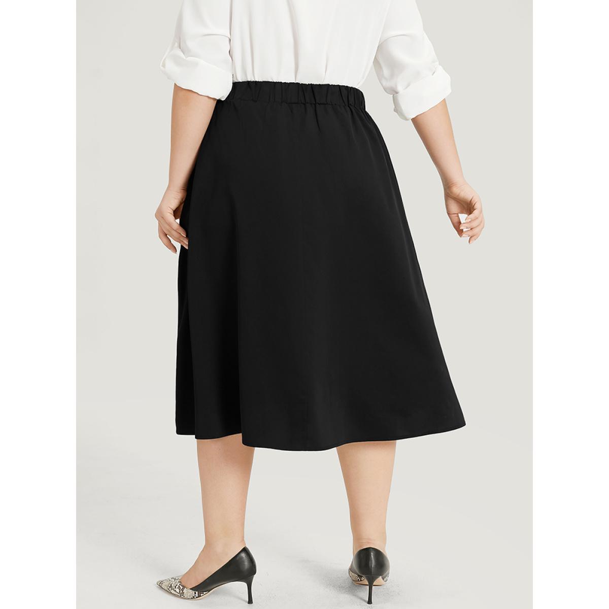 Plus Size Solid Pocket Elastic Waist Gathered Skirt Women Black Office Plain No stretch Pocket Work Skirts BloomChic 10/M Product Image