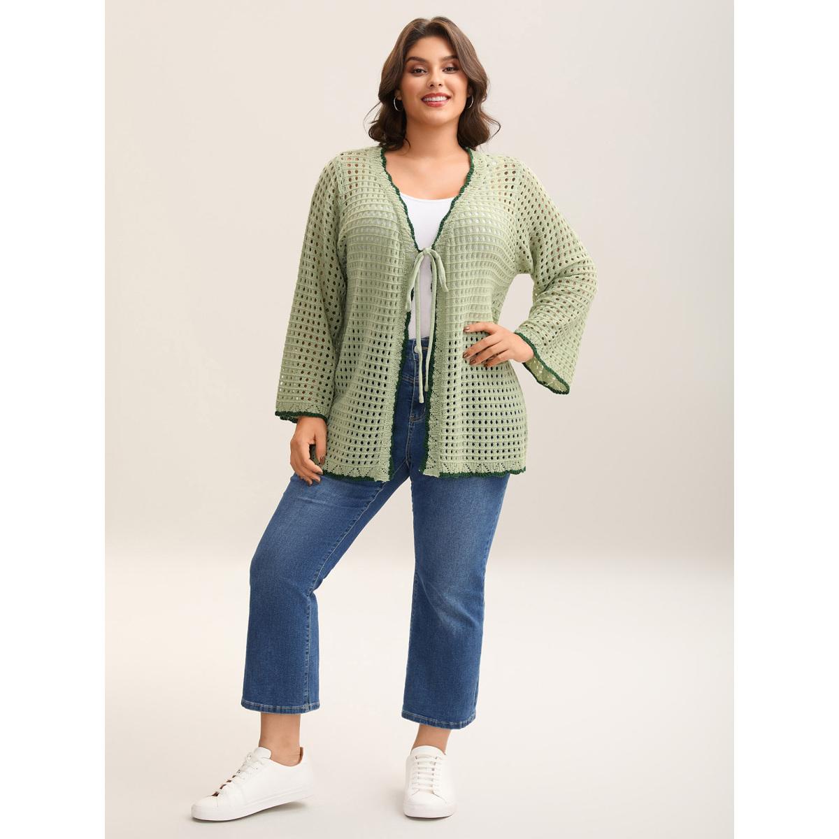 Plus Size Contrast Hem Front Mid Tie Knit Cardigan LightGreen Women Casual Loose Long Sleeve Everyday-Casual Cardigans BloomChic 22-24/3X Product Image