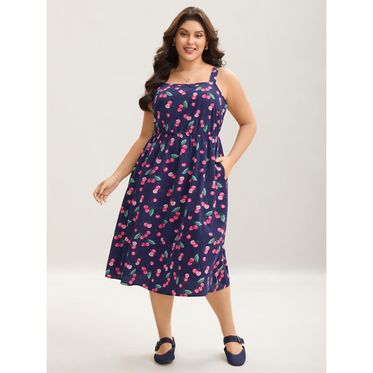 Plus Size Cherry Print Stretchy Waist Pockets Midi Dress Navy Women Elegant Non Non Sleeveless Curvy BloomChic 22-24/3X Product Image