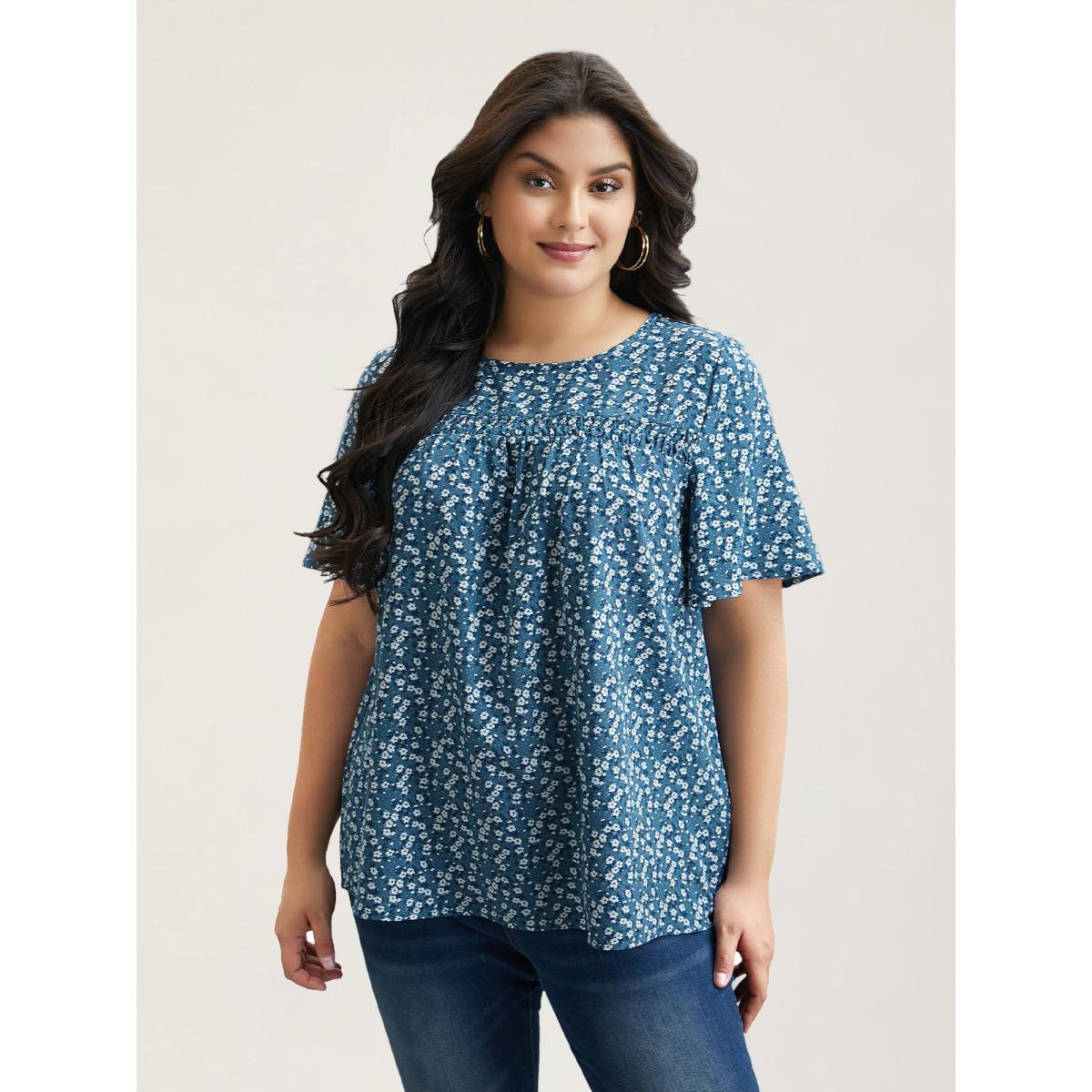 Plus Size Aegean Floral Ruffle Sleeve Gathered Round Neck Blouse Women Leisure Short sleeve Round Neck Casual Blouses BloomChic 10/M Product Image