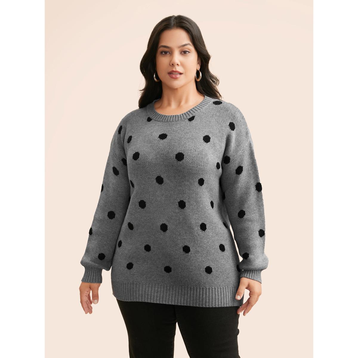 Plus Size Polka Dot Drop Shoulder Sleeve Pullover Mediumgray Women Casual Loose Long Sleeve Round Neck Everyday Pullovers BloomChic 10/M Product Image