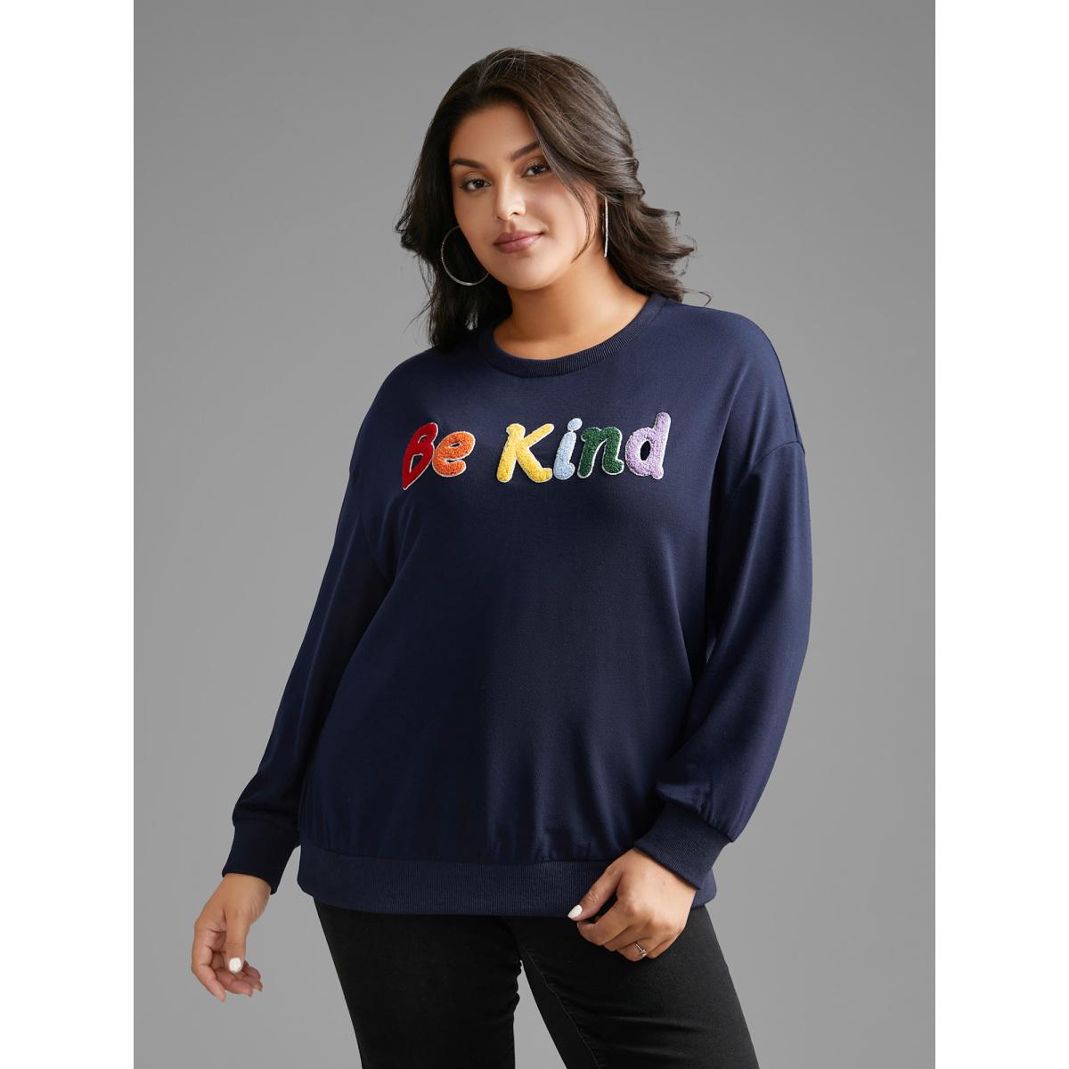 Plus Size Be Kind Towel Embroidered Sweatshirt Women Indigo Casual Embroidered Round Neck Everyday Sweatshirts BloomChic 10/M Product Image