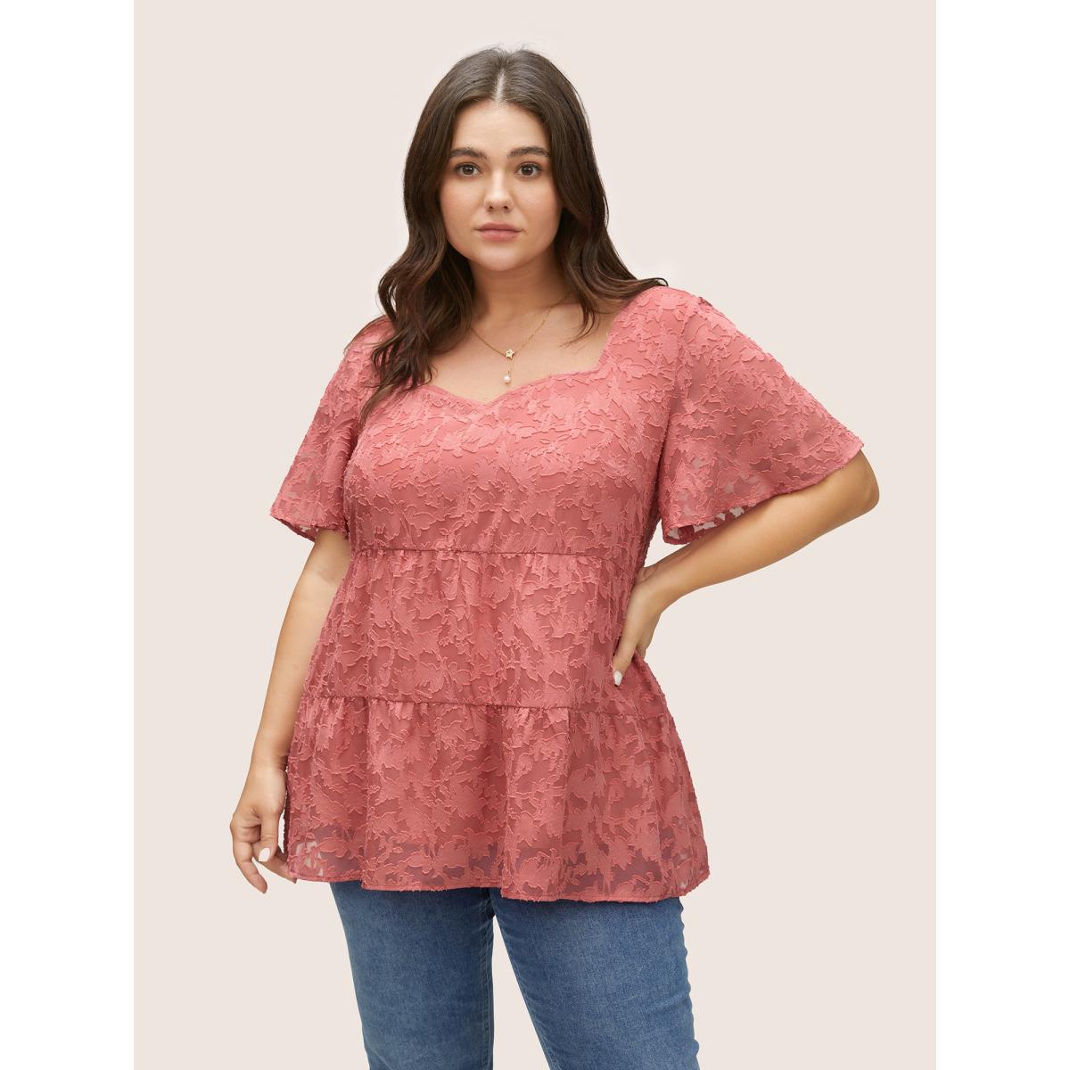 Plus Size DustyPink Chiffon Plisse Tiered Hem Ruffle Sleeve Blouse Women Elegant Short sleeve Square Neck Everyday Blouses BloomChic 10/M Product Image
