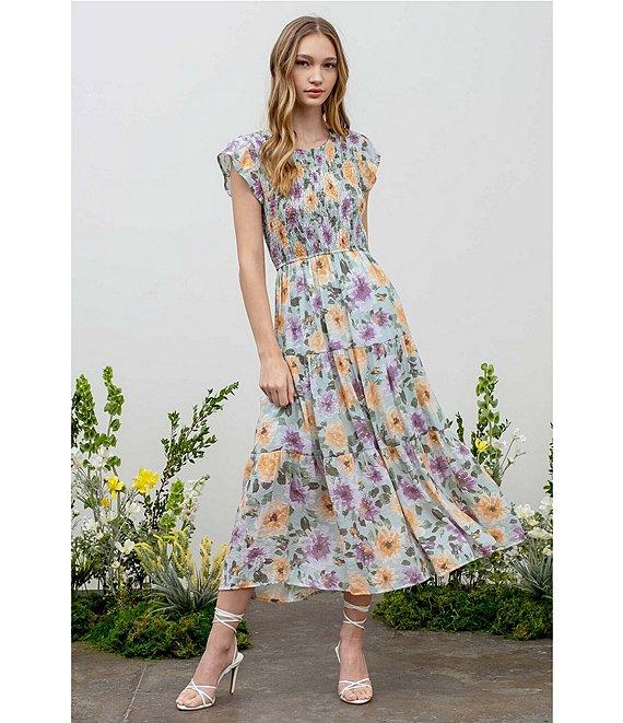 Blu Pepper Floral Print Short Sleeve Smocked Bodice Tiered Midi Dress Product Image