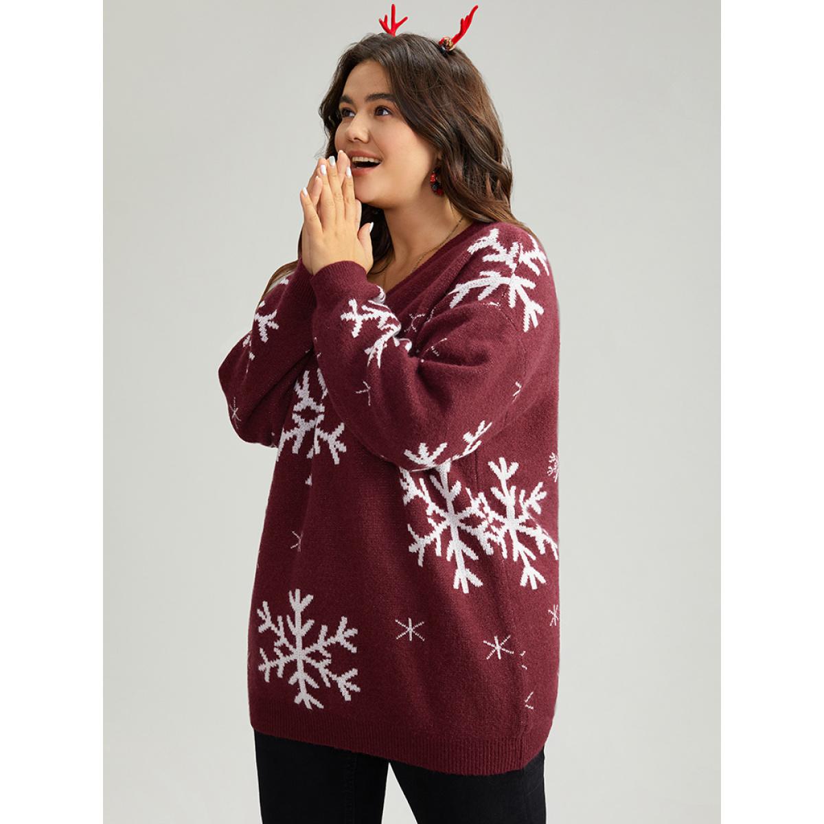 Plus Size Anti-Pilling Snowflake Print Pullover Scarlet Women Playful Loose Long Sleeve V-neck Casual Pullovers BloomChic 28/5X Product Image