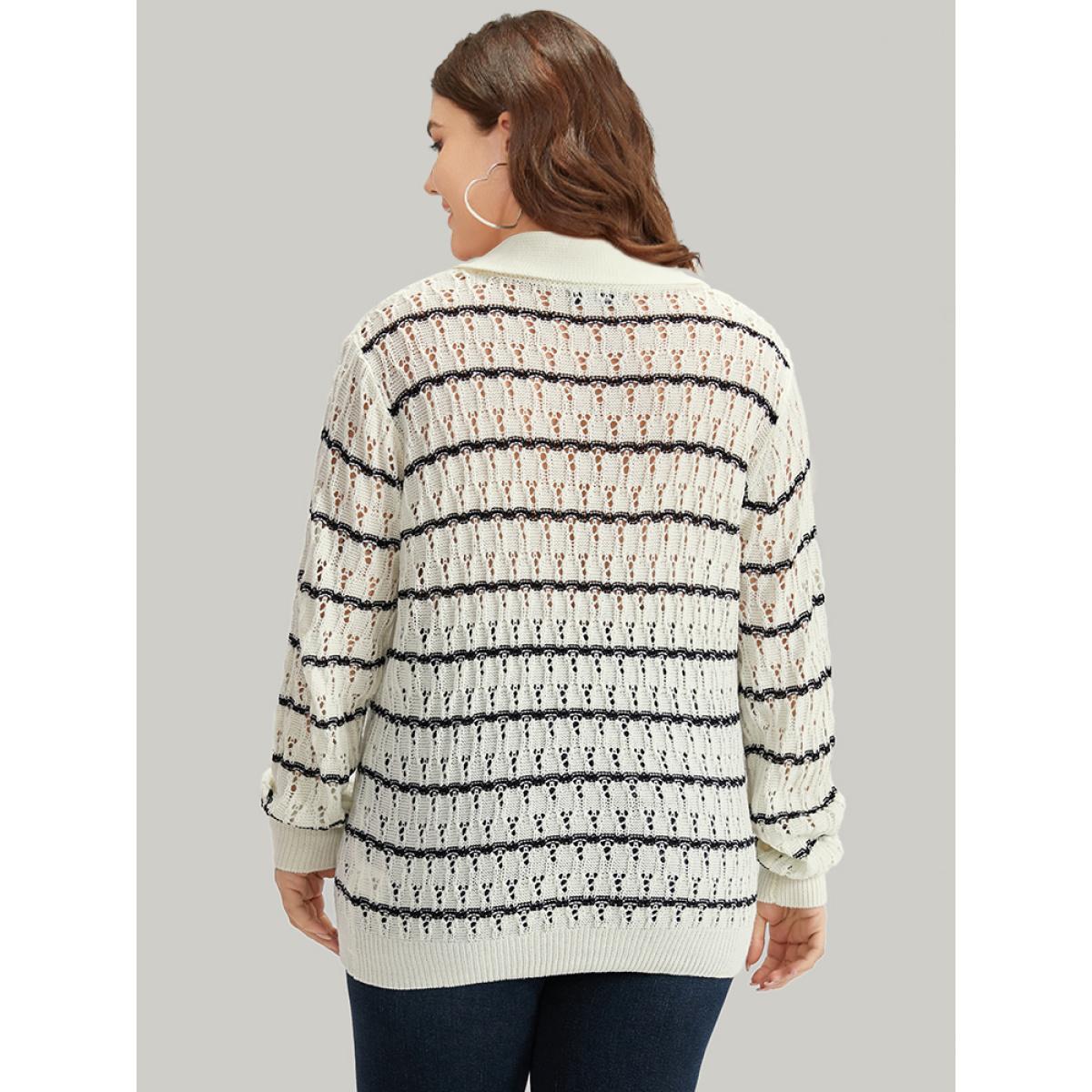 Plus Size Striped Hollow Out Lapel Collar Pullover Beige Women Casual Bodycon Long Sleeve Lapel Collar Dailywear Pullovers BloomChic 18-20/2X Product Image