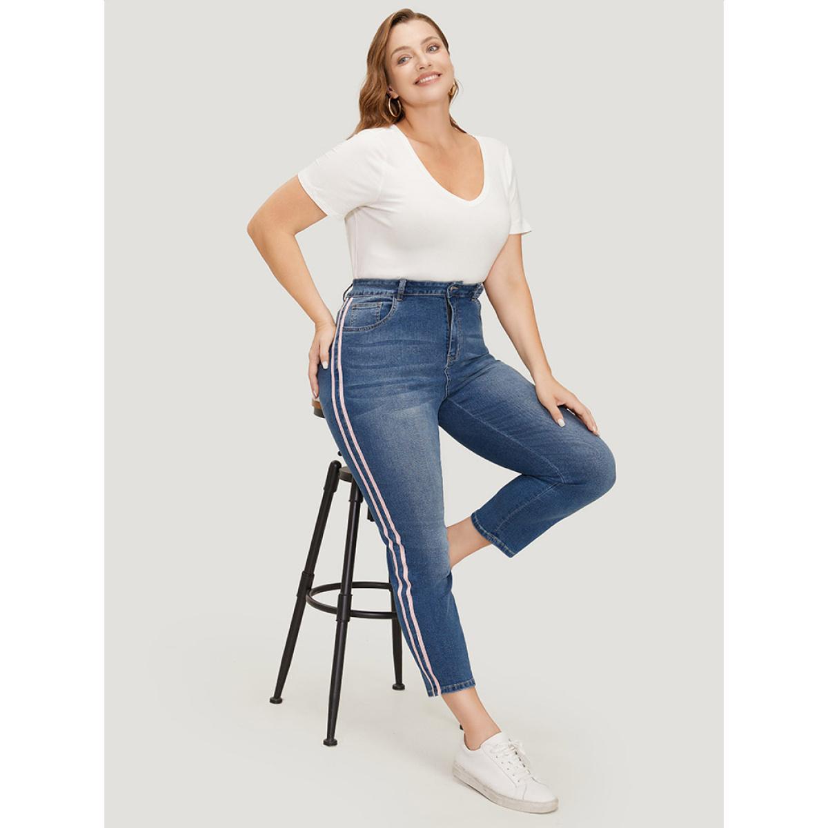 Plus Size Very Stretchy Medium Wash Contrast Striped Jeans Women Blue Casual Plain Patchwork High stretch Pocket Jeans BloomChic 10/M Product Image