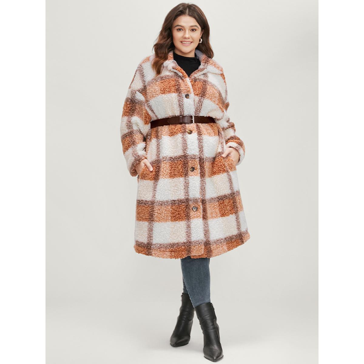 Plus Size Plaid Pocket Button Up Teddy Coat Women Multicolor Casual Button Loose Ladies Dailywear Winter Coats BloomChic 30/6X Product Image