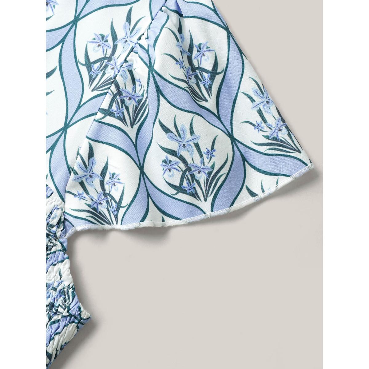 Plus Size Boho Floral Print Shirred Pockets Midi Dress LightBlue Women Square Neck Cap Sleeve Curvy BloomChic 18-20/2X Product Image