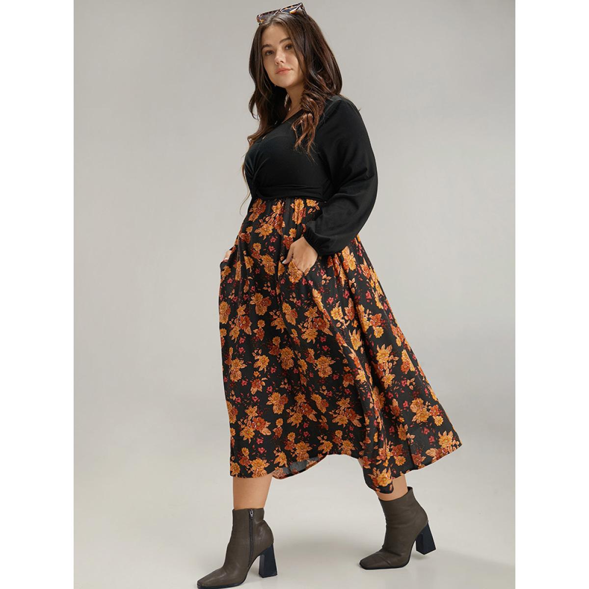 Plus Size Supersoft Essentials Floral Patchwork Twist Front Dress Black Women Elegant Elastic cuffs V-neck Long Sleeve Curvy Midi Dress BloomChic 28/5X Product Image