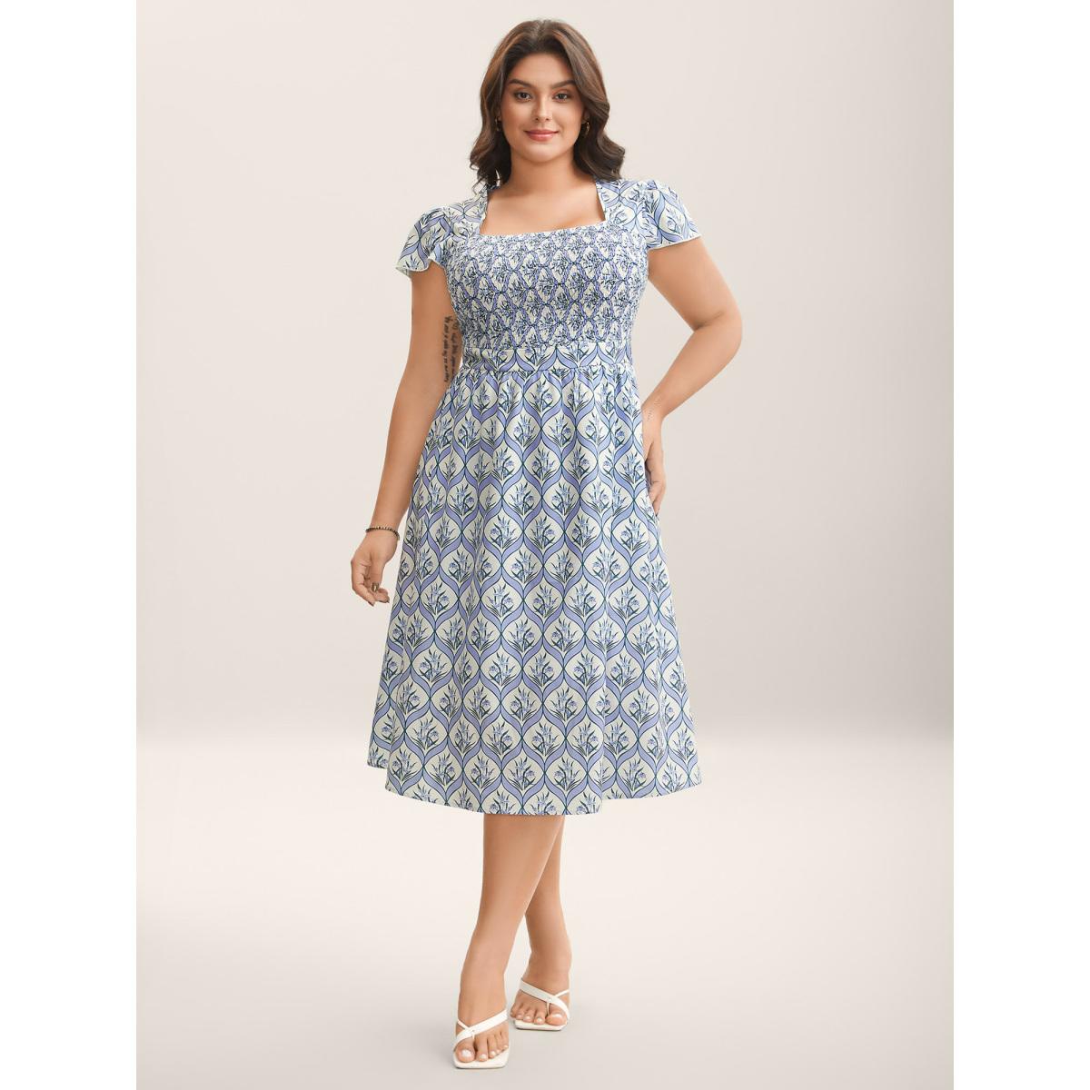 Plus Size Boho Floral Print Shirred Pockets Midi Dress LightBlue Women Square Neck Cap Sleeve Curvy BloomChic 18-20/2X Product Image
