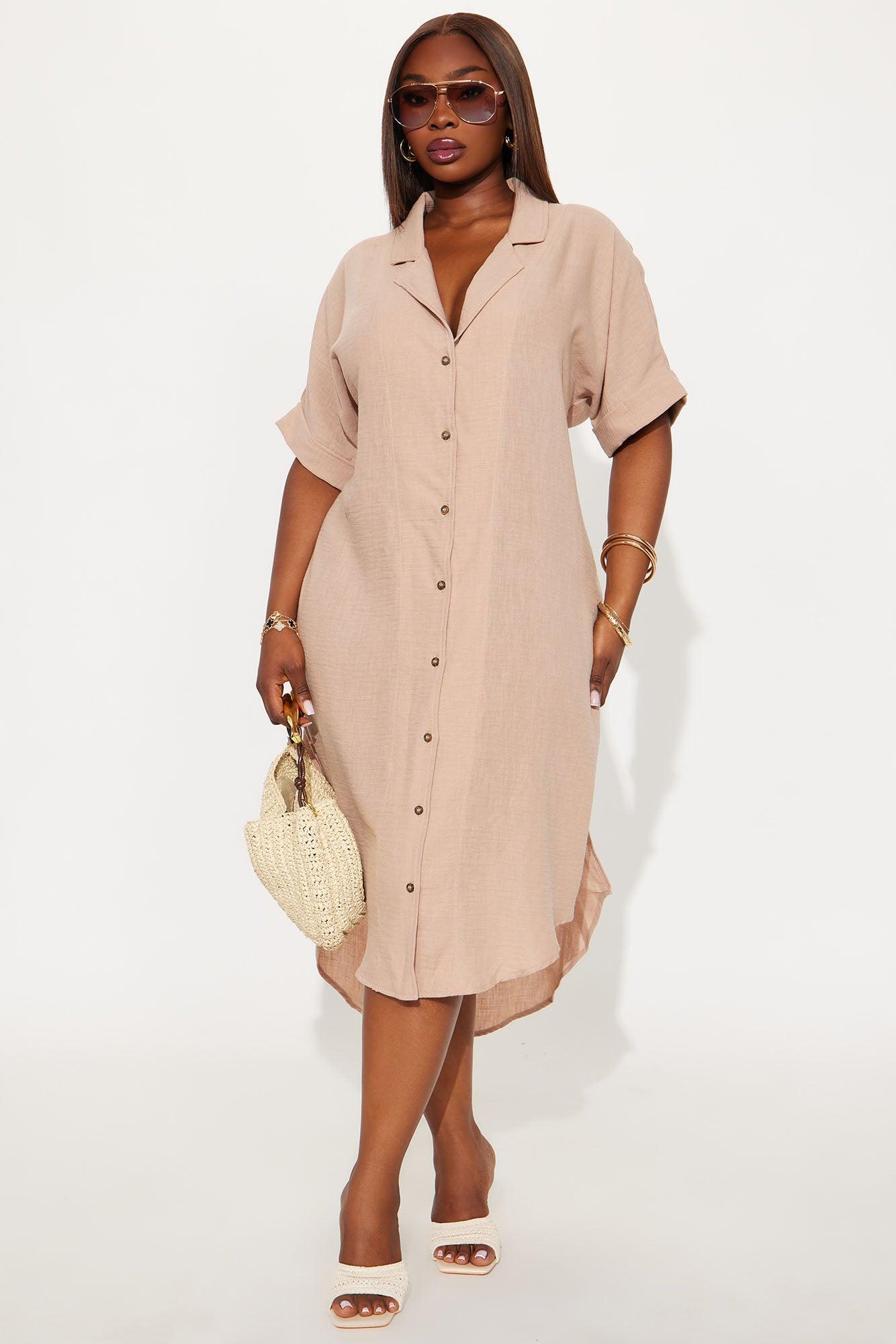 Casual Stroll Gauze Shirt Midi Dress - Taupe Female Product Image