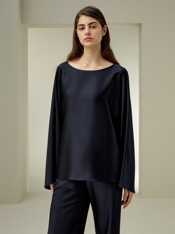LILYSILK Silk Blouse Women - Midnight Blue Mulberry Silk - Perfect for Work Or Casual Round Neckline Tops S Product Image