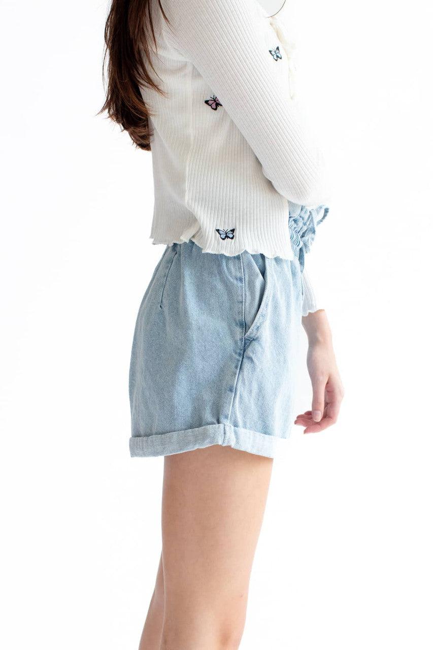 Paper Bag Drawstring Waist Denim Shorts Product Image