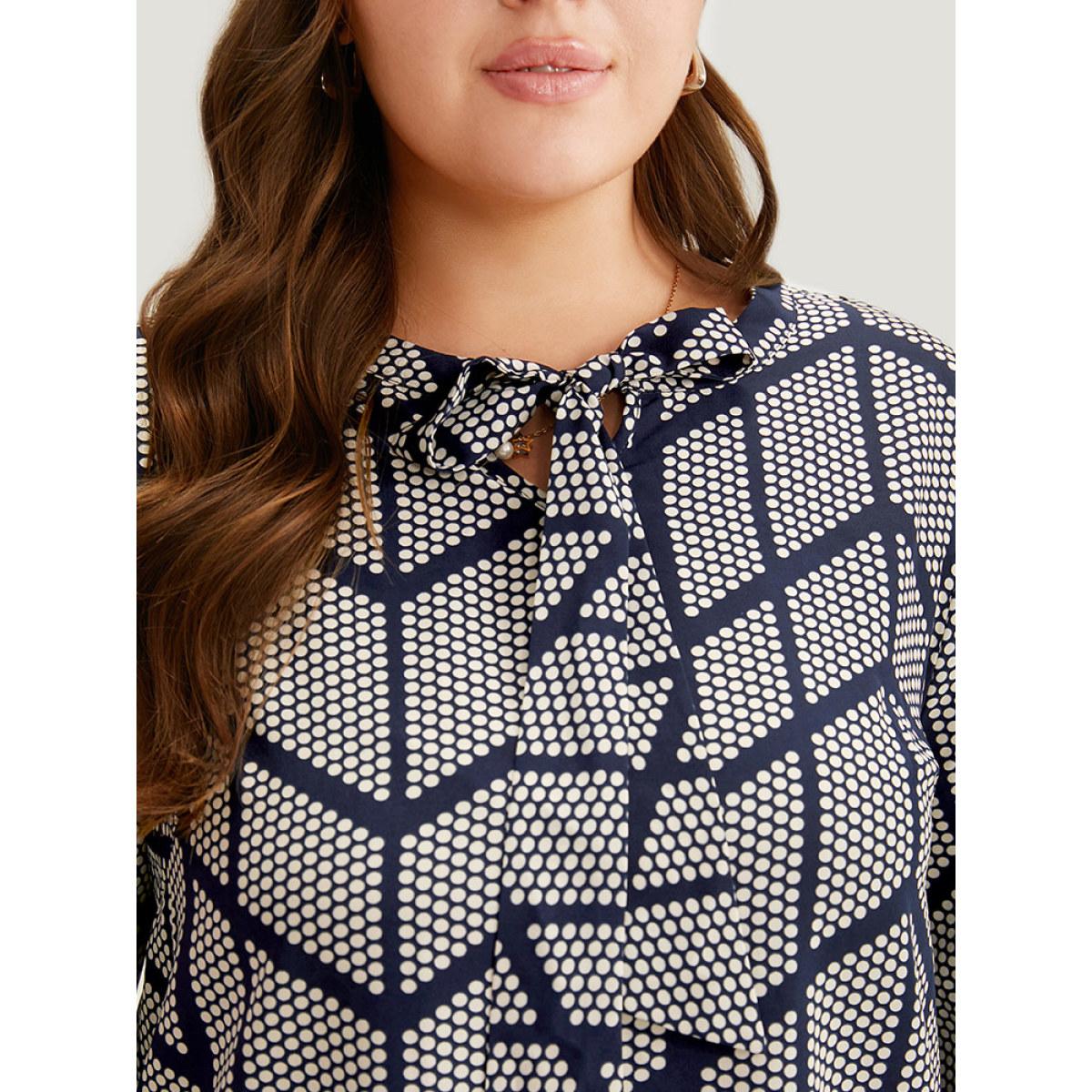 Plus Size Indigo Polka Dot Knot Neck Blouse Women Office Long Sleeve Tie Neck Work Blouses BloomChic 22-24/3X Product Image